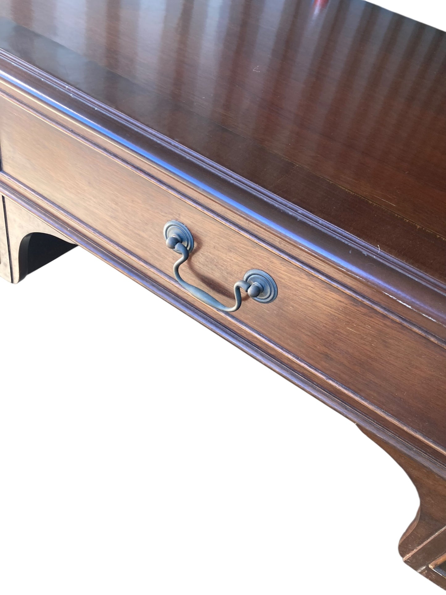 Mahogany Double sided Partners writing desk with one sided blank drawers a classic design five-drawer arrangement one long central frieze drawer flanked by two smaller drawers on each side providing functional storage