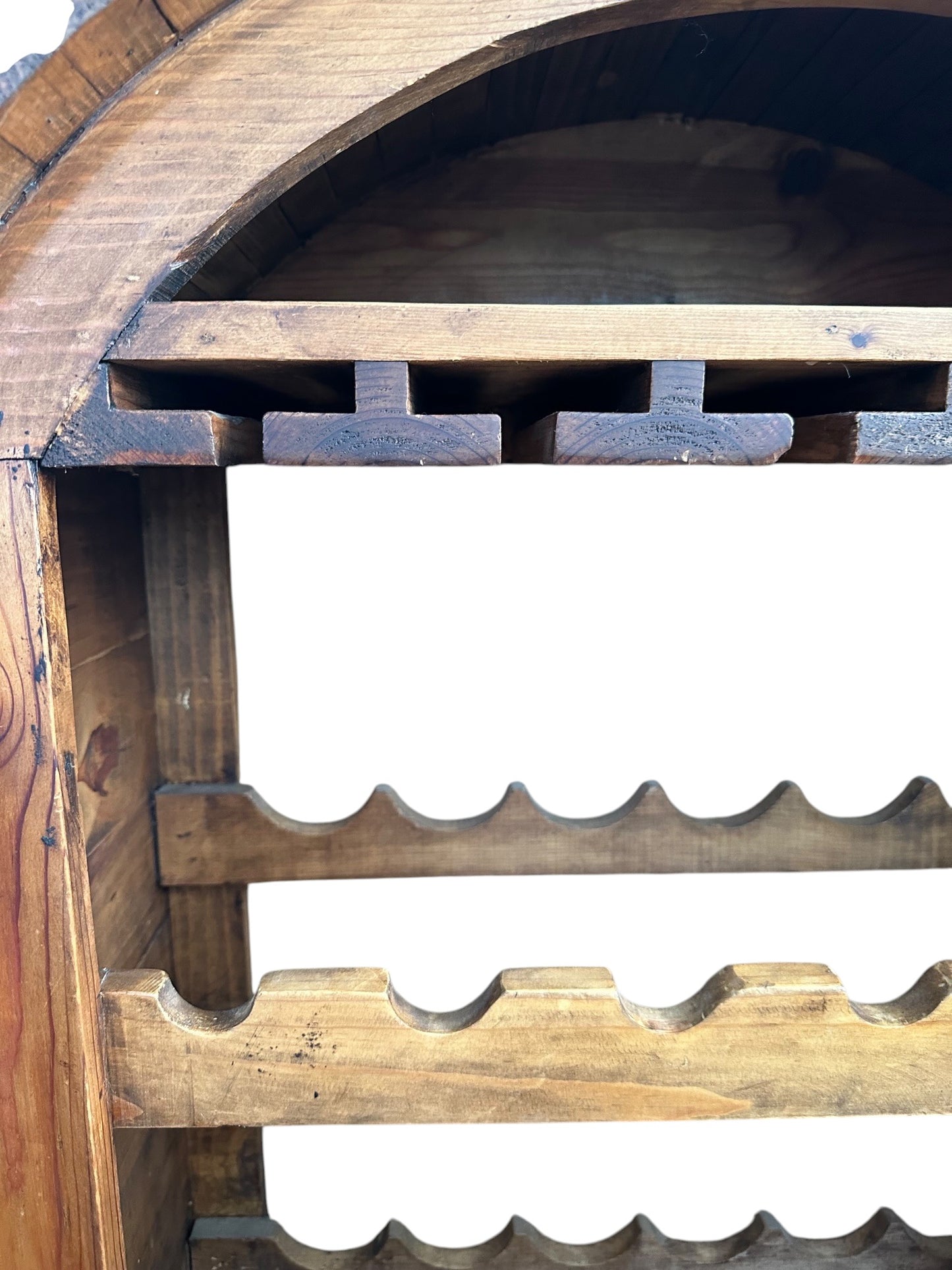 Freestanding, barrel-style wooden wine rack and glass holder