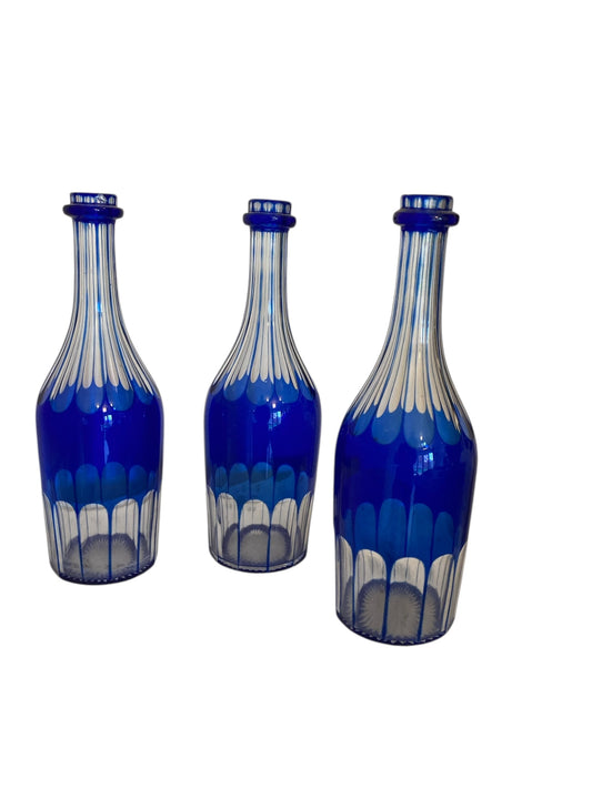 Three 19th Century Cobalt Blue Glass Decanters or Serving Bottles c1860