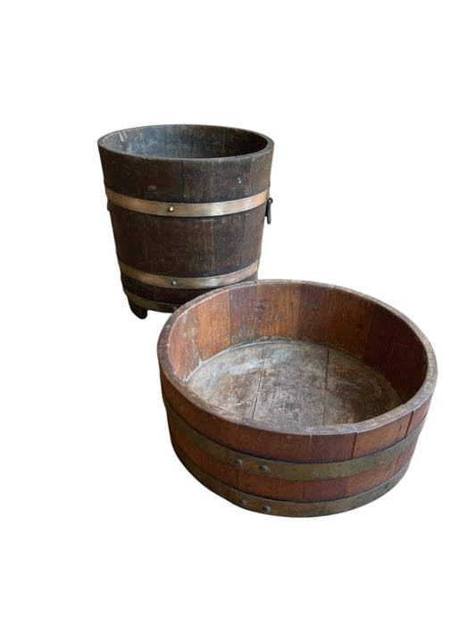 Two Plant buckets Antique Oak and Brass Bucket by R A Lister Ltd & Edwardian Chestnut wood Plant Trough Barrel.