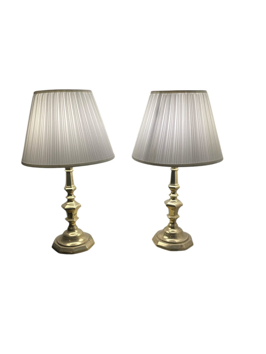 A Pair of Antique Brass bedside or Table Lamps white pleated shades