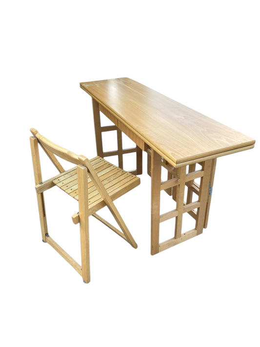 A Contemporary Folding Beechwood Desk with Two Drawers and two Folding Chairs