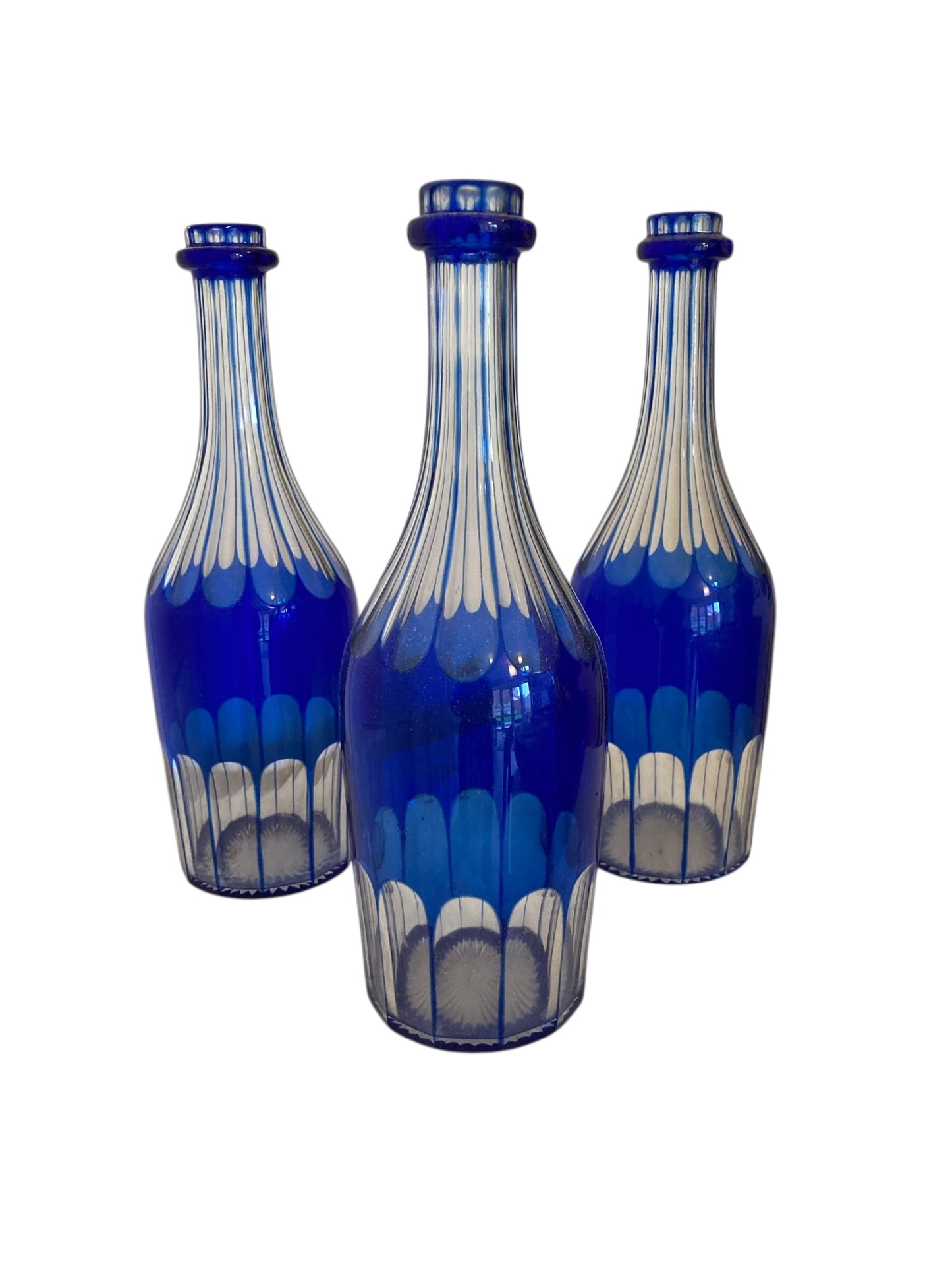Three 19th Century Cobalt Blue Glass Decanters or Serving Bottles c1860