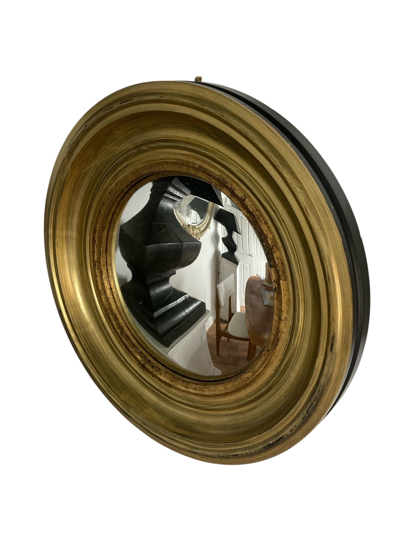 A Pair of Modern Regency Style Gold Circular Convex Mirrors with ebonsied Rim
