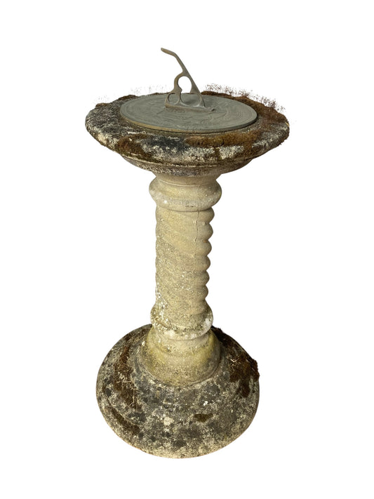 Stone Sundial with Barley Twist Stlyle Column with Natural Patina Inscribed Wording on dial