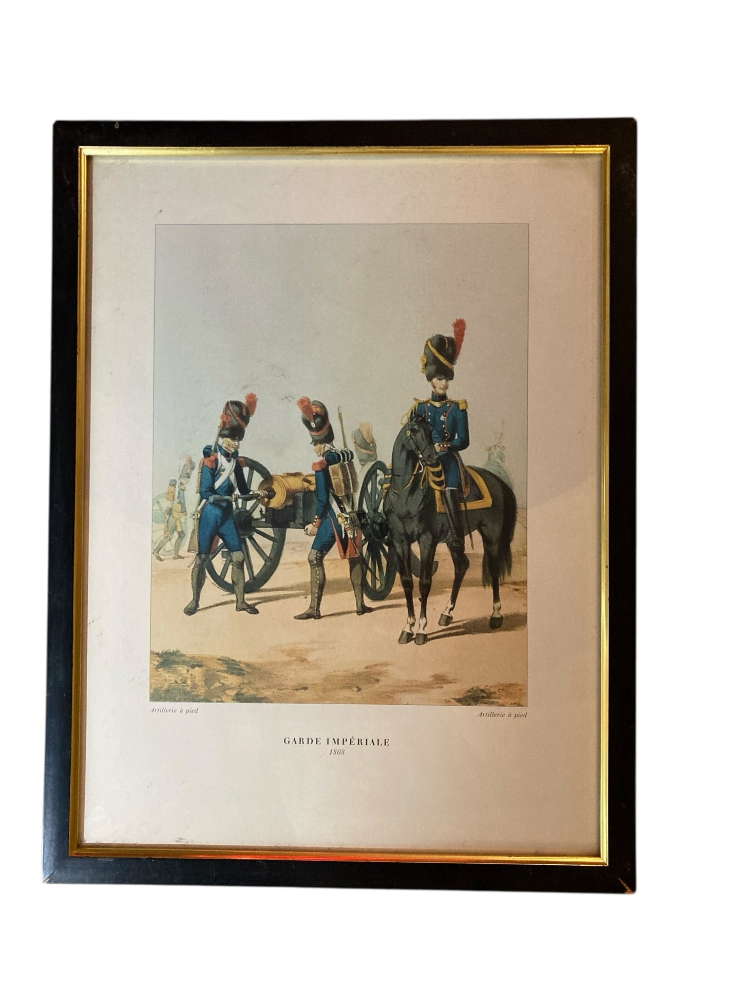Framed print is a 20th-century reproduction of a 19th-century military illustration titled "Garde Impériale, Artillerie à pied"