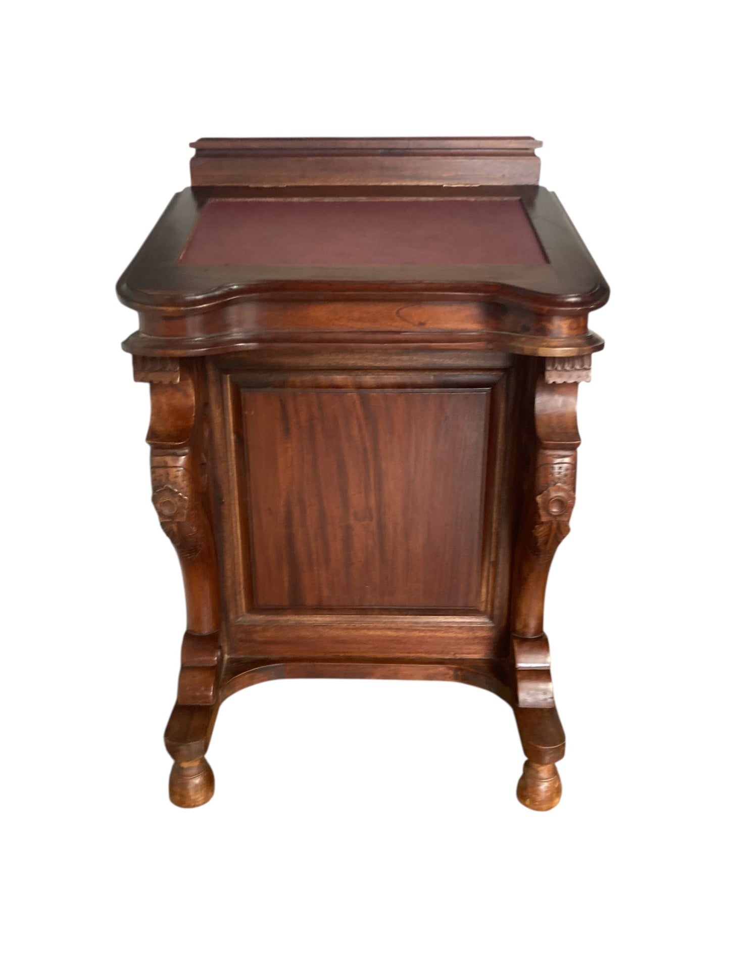 Mahogany Davenport Desk or Bureau With Faux Red Leather Sloped Writing area.
