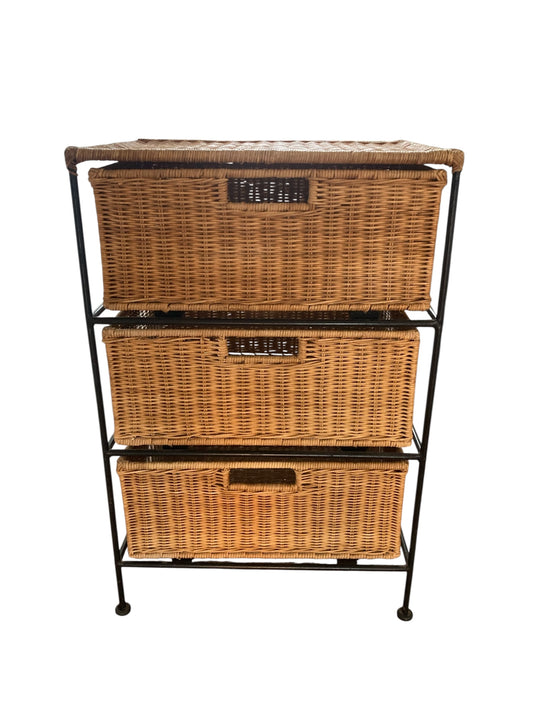 Vintage Boho Wicker Three Drawer Chest with wrought iron frame