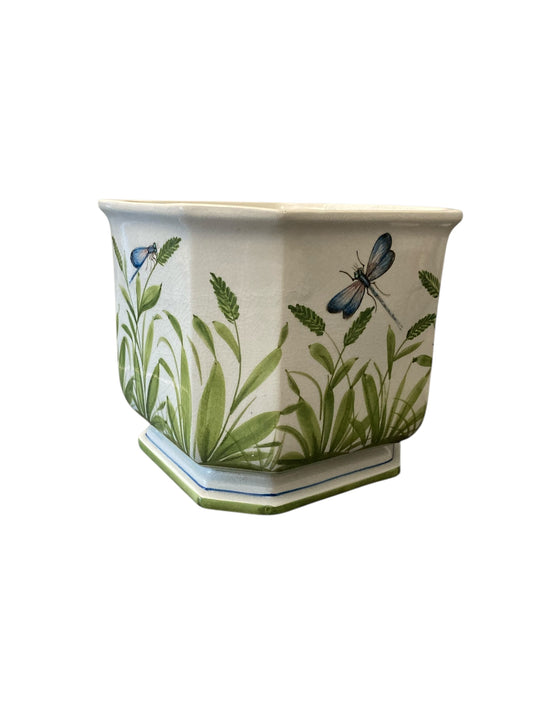 Italian Ceramic Flower or Plant Holder Planter Cachepot with Dragonfly Design