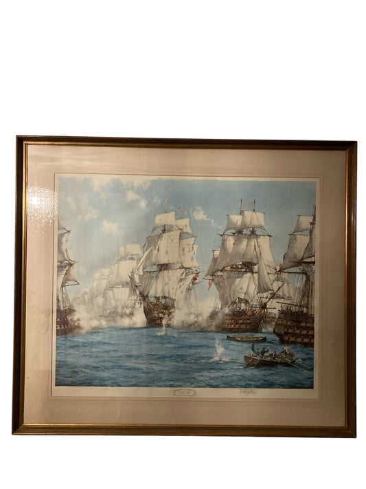 Large Signed Frame Picture Battle of Trafalger by Montague Dawson. Print with Original sigmature