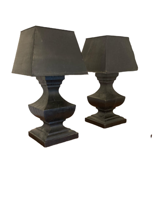 A Pair of Large French Hand Carved Table Lamps, Ebonsied Wood with Black Rustic Metal Shades