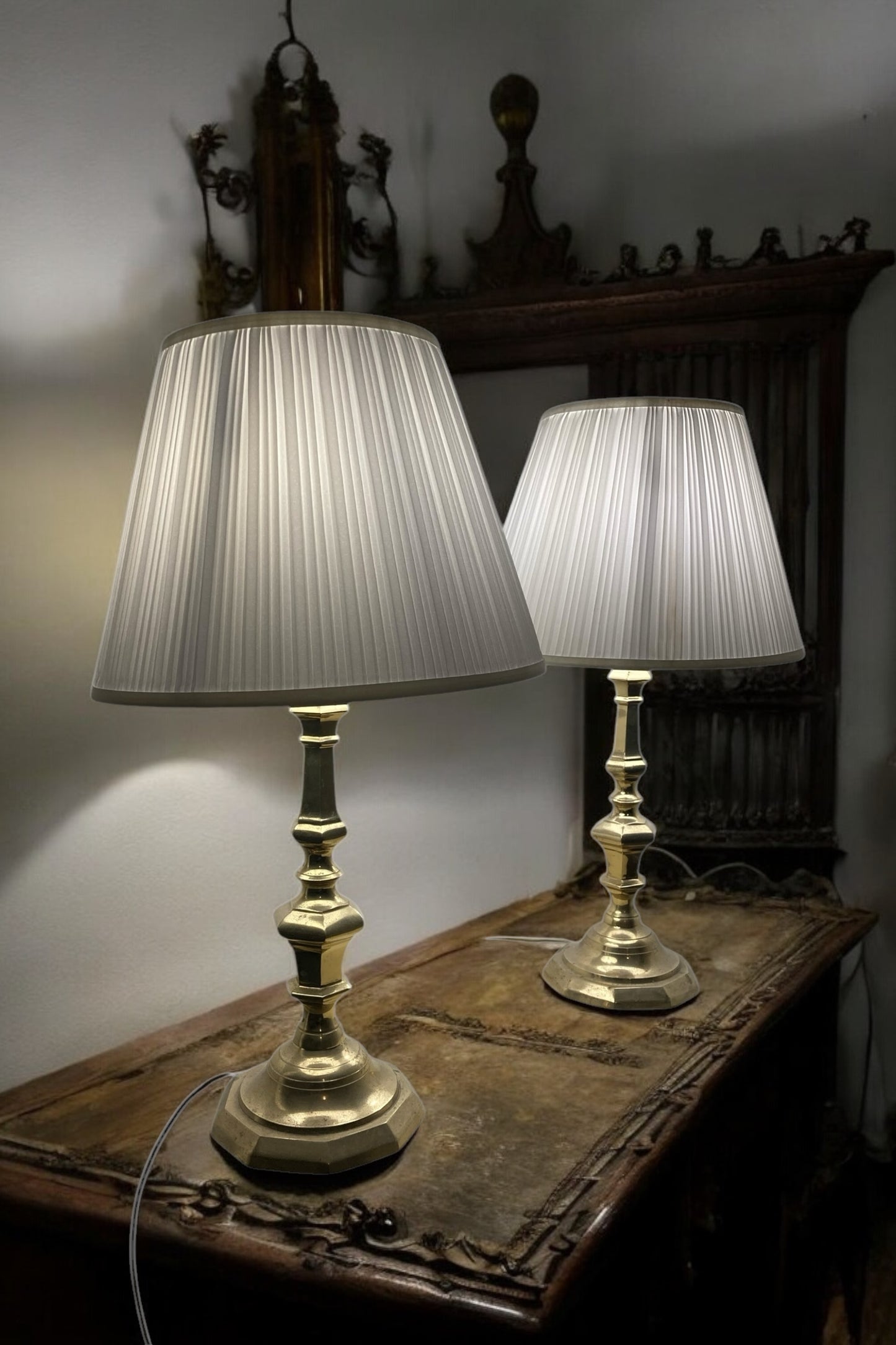 A Pair of Antique Brass bedside or Table Lamps white pleated shades