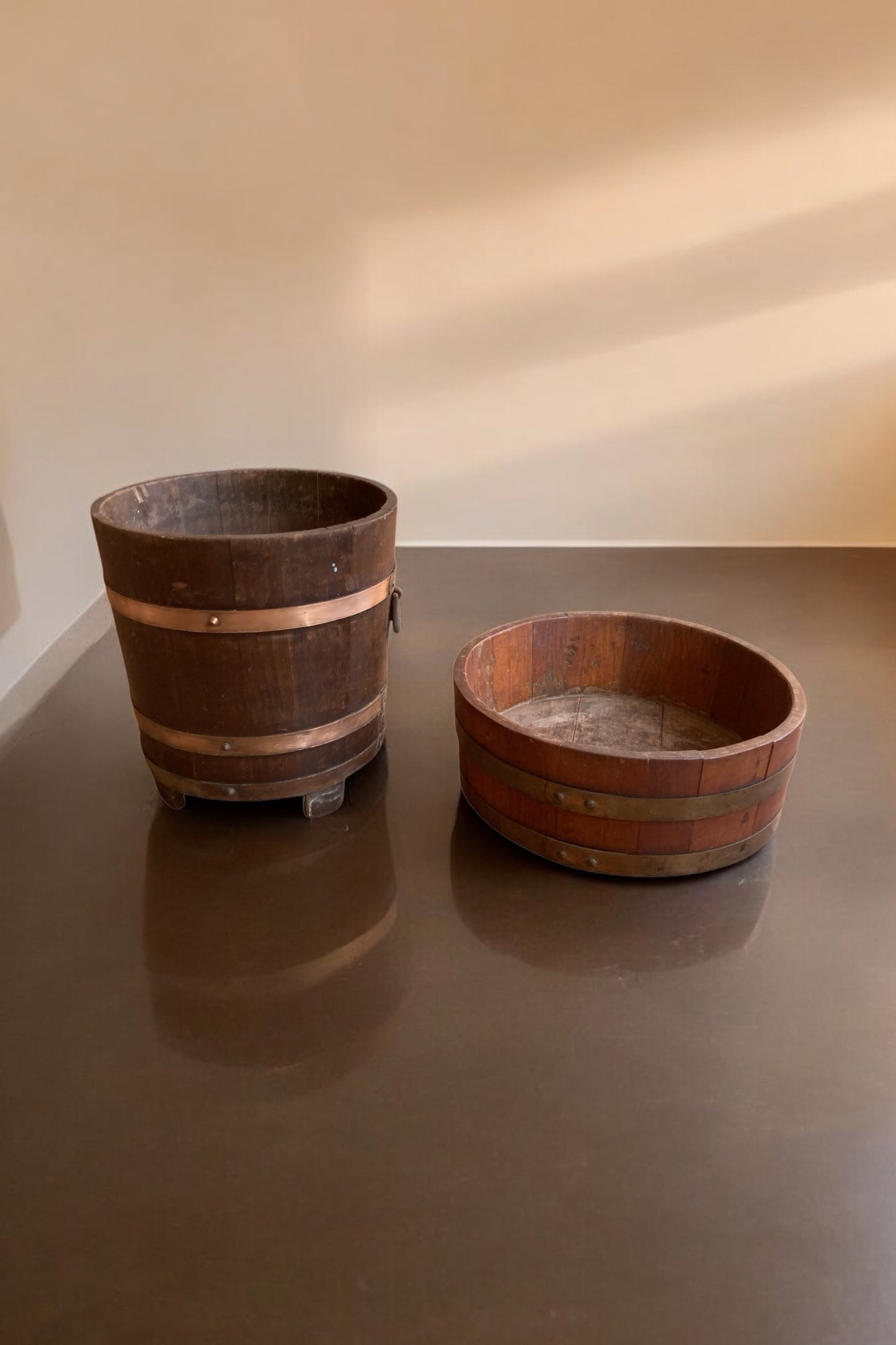 Two Plant buckets Antique Oak and Brass Bucket by R A Lister Ltd & Edwardian Chestnut wood Plant Trough Barrel.