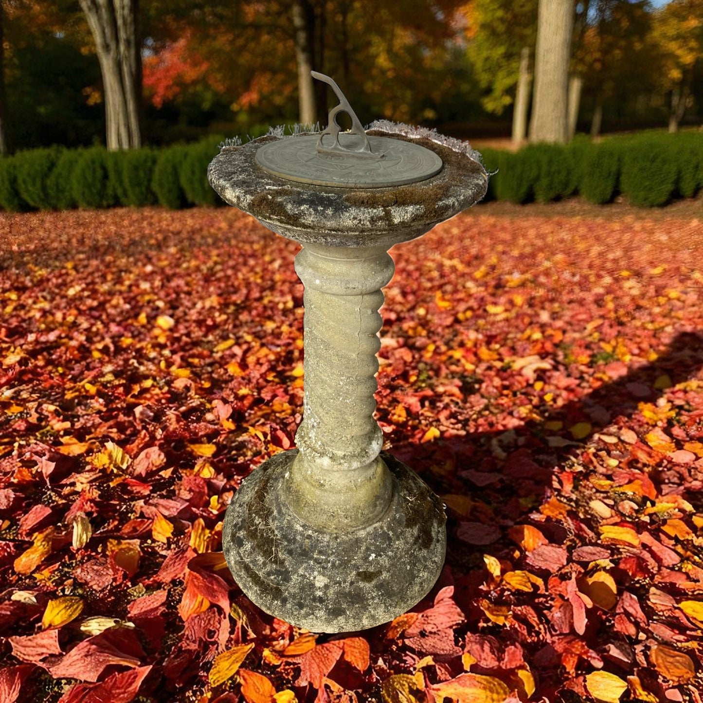 Stone Sundial with Barley Twist Stlyle Column with Natural Patina Inscribed Wording on dial
