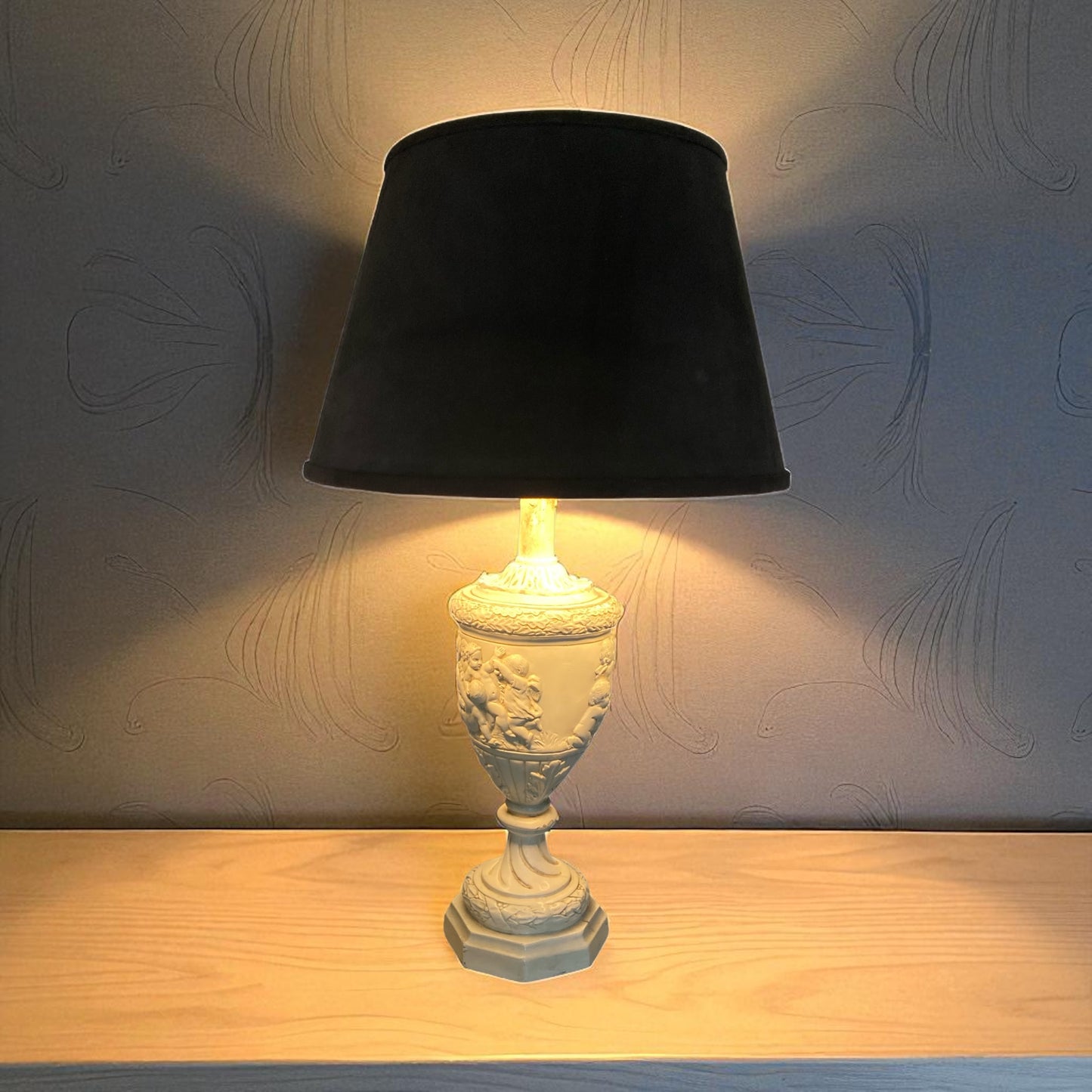 Plaster moulded and decorated Cherub Lamp Circa 1930's Grey Velvet shade