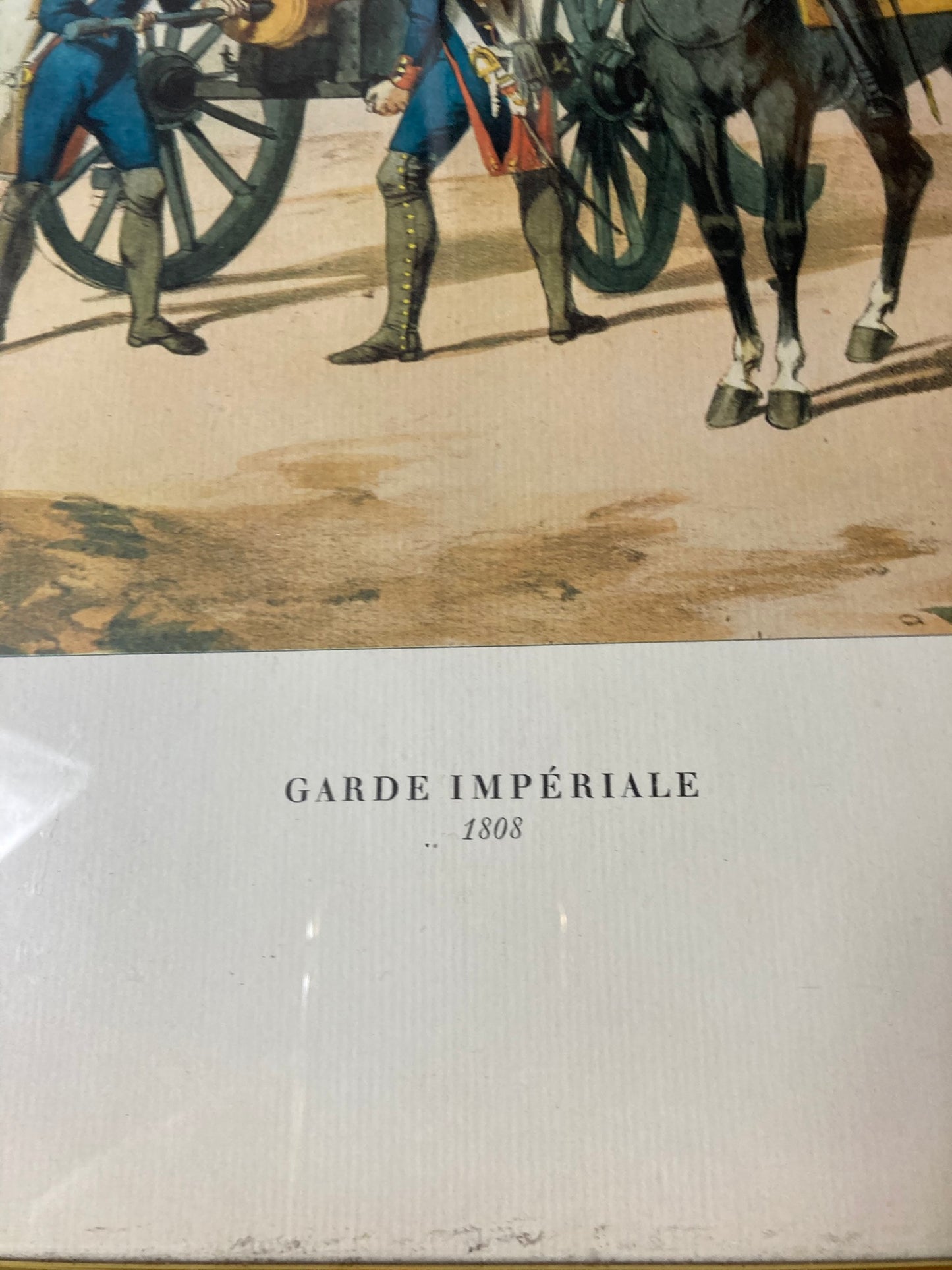 Framed print is a 20th-century reproduction of a 19th-century military illustration titled "Garde Impériale, Artillerie à pied"