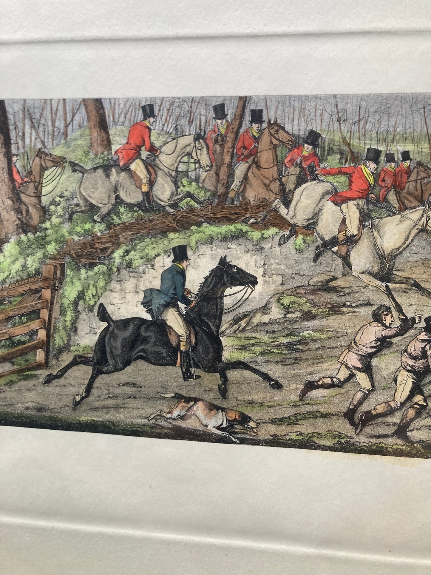 Framed print titled"Breaking Cover" a well-known fox hunting scene originally designed by the British artist Henry Thomas Alken.