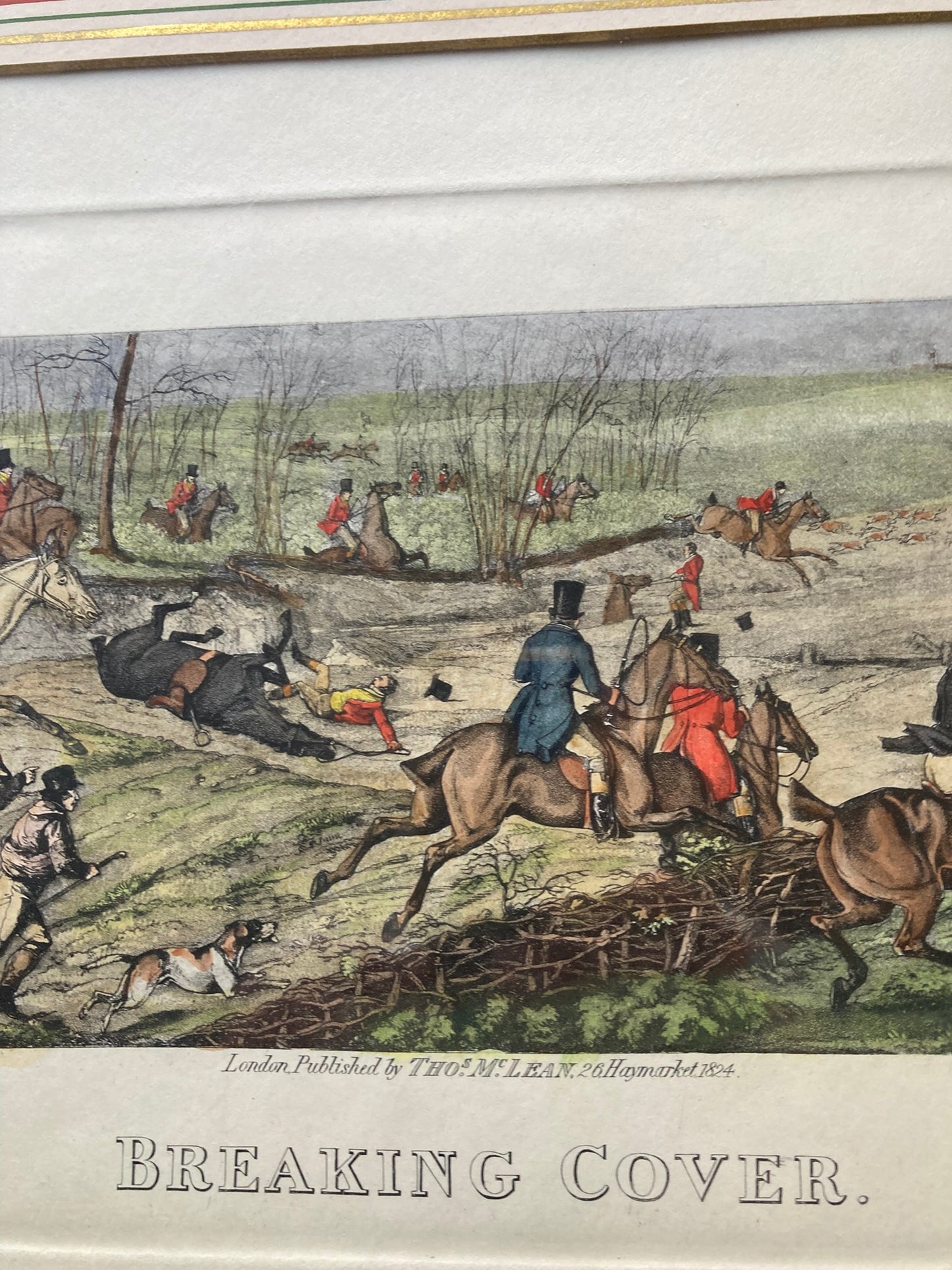 Framed print titled"Breaking Cover" a well-known fox hunting scene originally designed by the British artist Henry Thomas Alken.