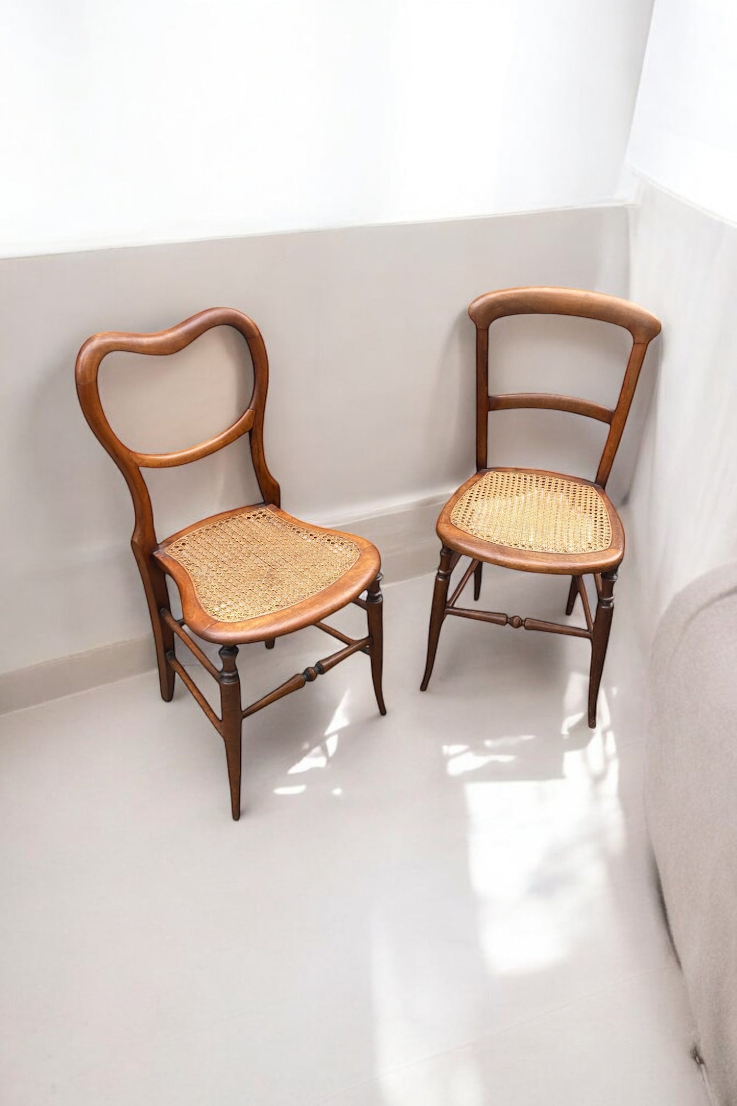 A near pair of Beech framed Victorian side chairs with original Bergere seating