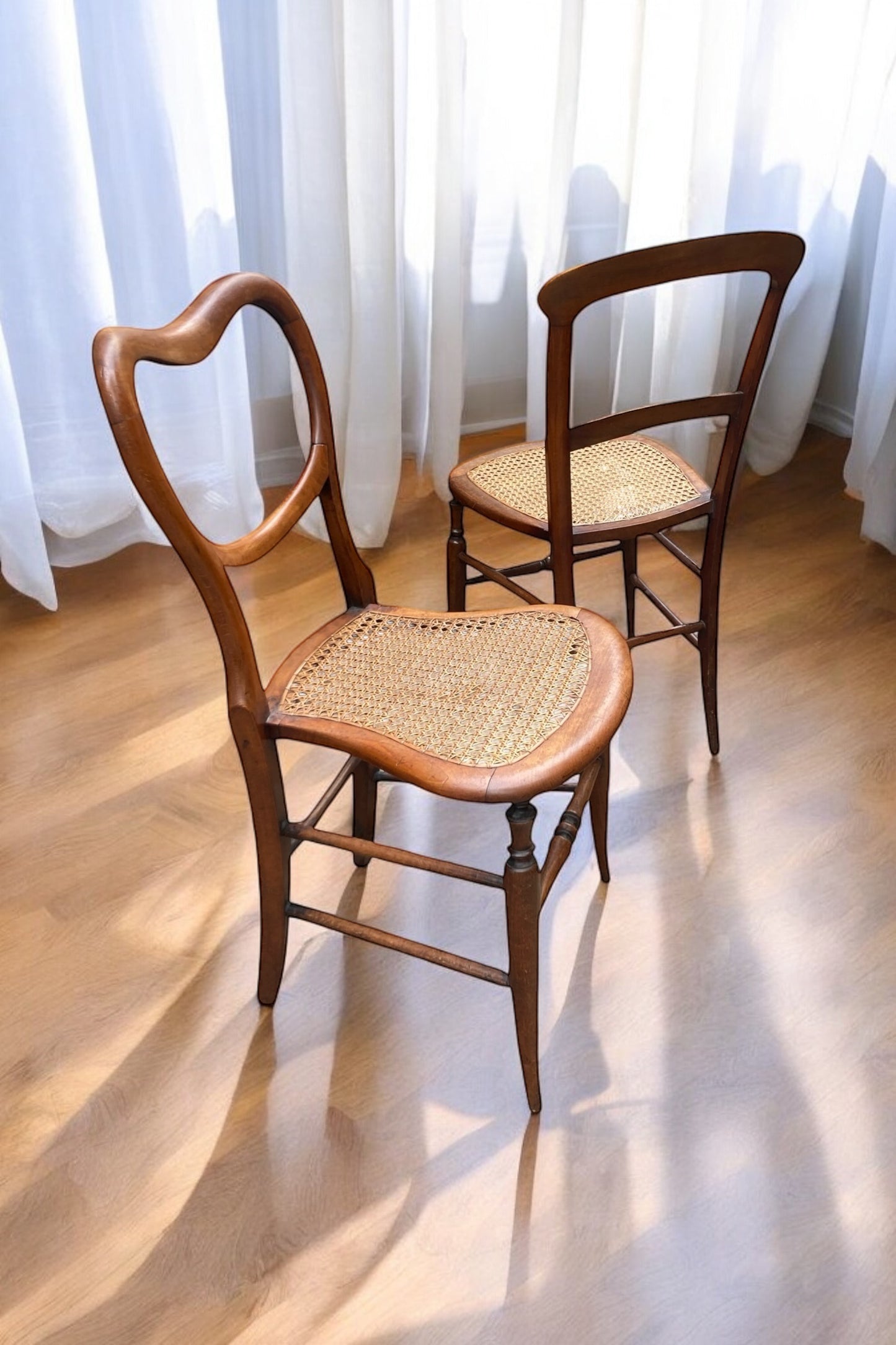 A near pair of Beech framed Victorian side chairs with original Bergere seating