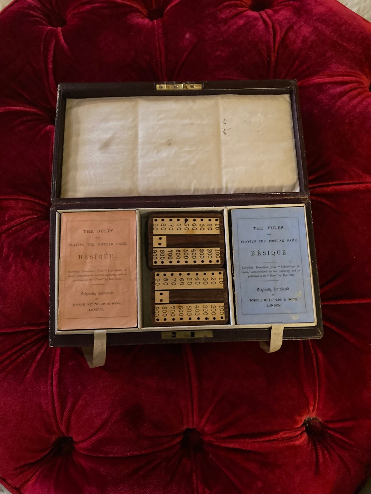 antique "Besique" (Bezique) card game set by Joseph Reynolds & Sons, 1870s.