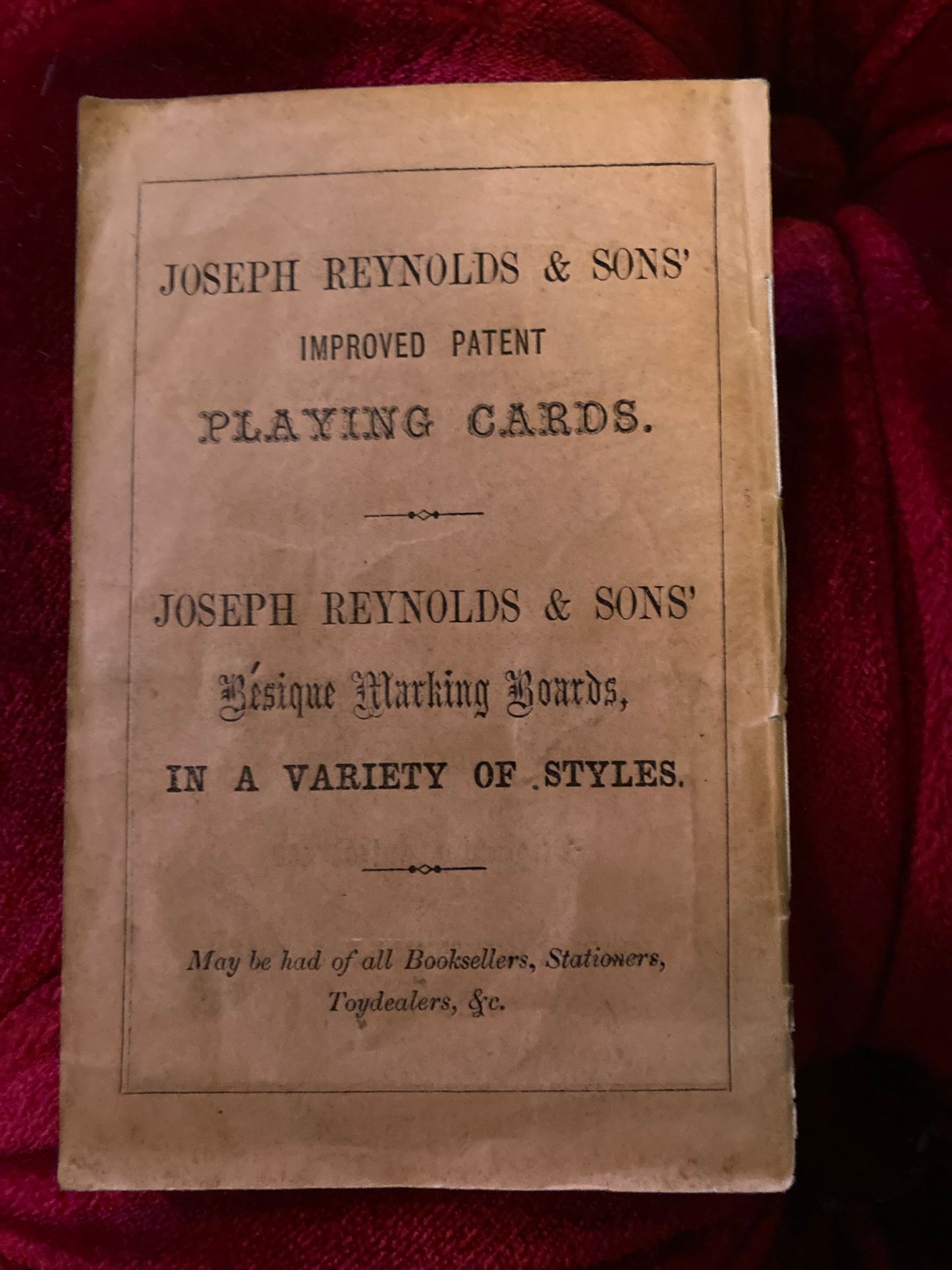 antique "Besique" (Bezique) card game set by Joseph Reynolds & Sons, 1870s.