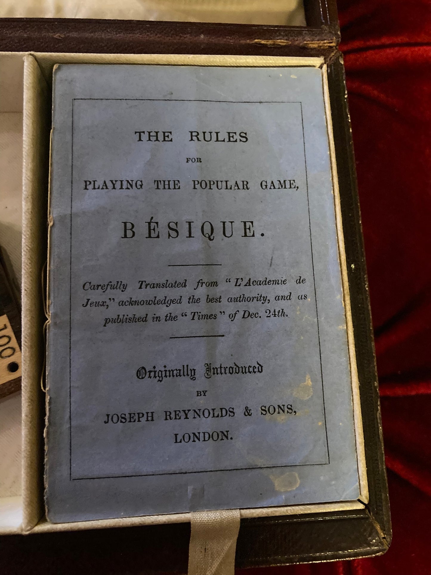 antique "Besique" (Bezique) card game set by Joseph Reynolds & Sons, 1870s.