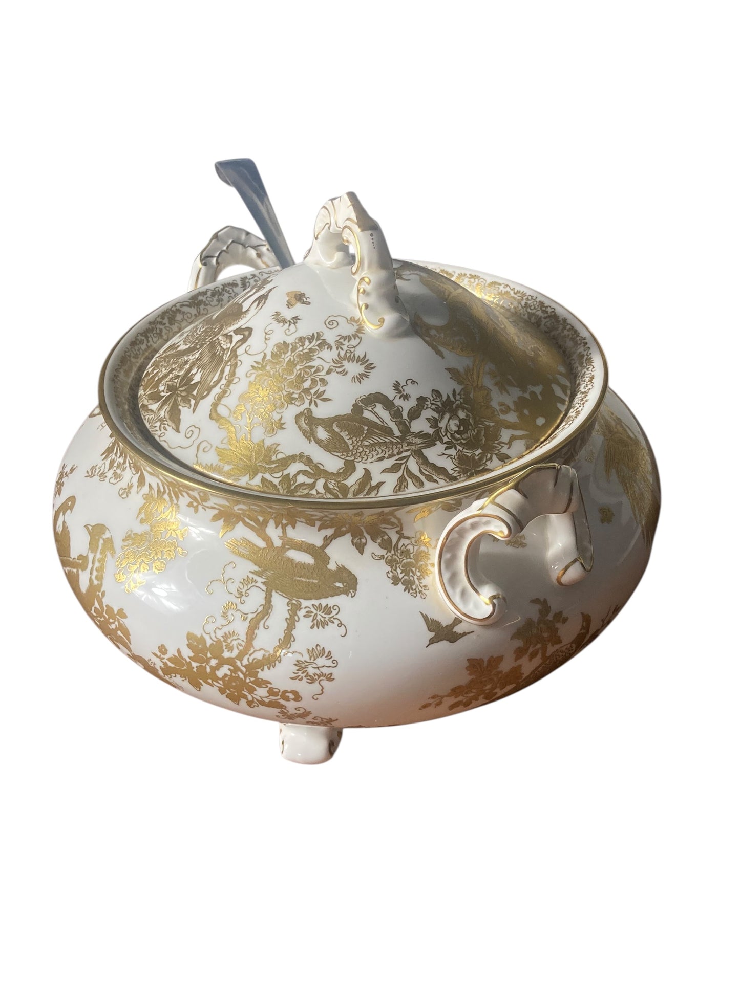 A Royal Crown Derby Aves Gold Soup Tureen and Solid Silver soup Ladle