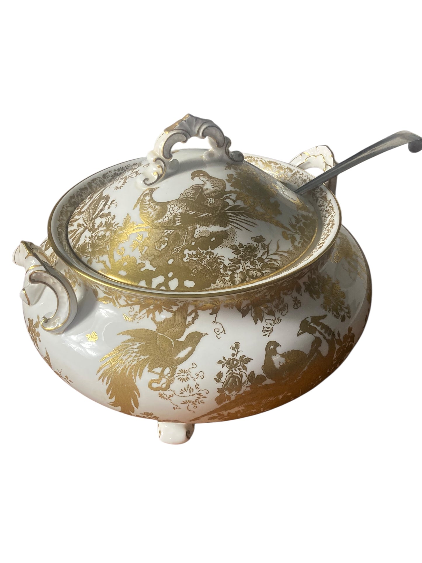 A Royal Crown Derby Aves Gold Soup Tureen and Solid Silver soup Ladle