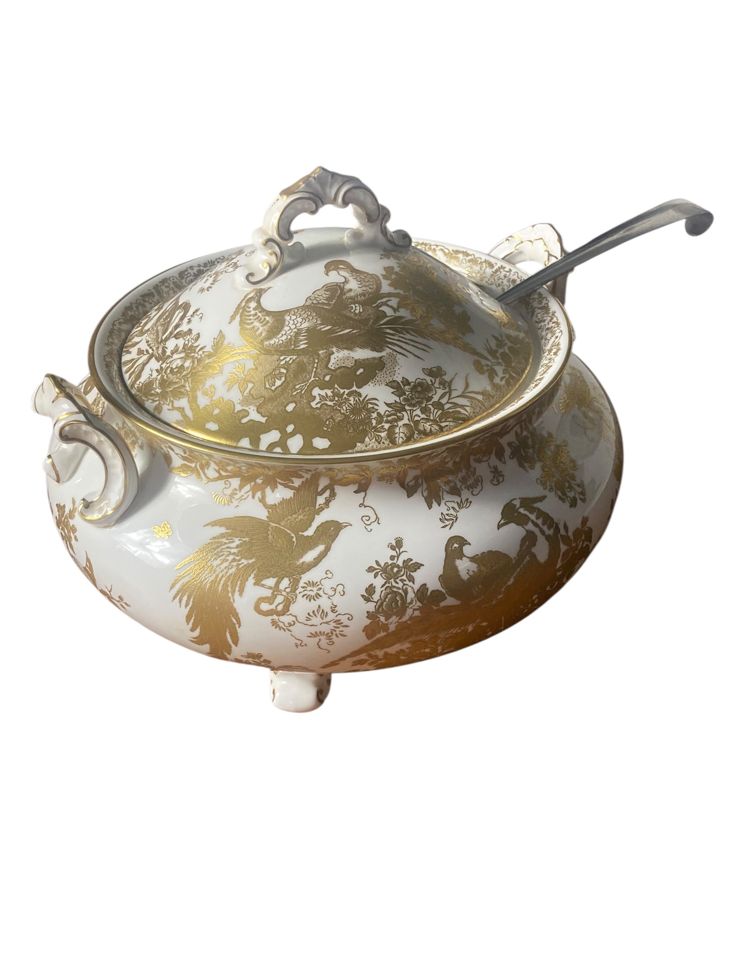 A Royal Crown Derby Aves Gold Soup Tureen and Solid Silver soup Ladle