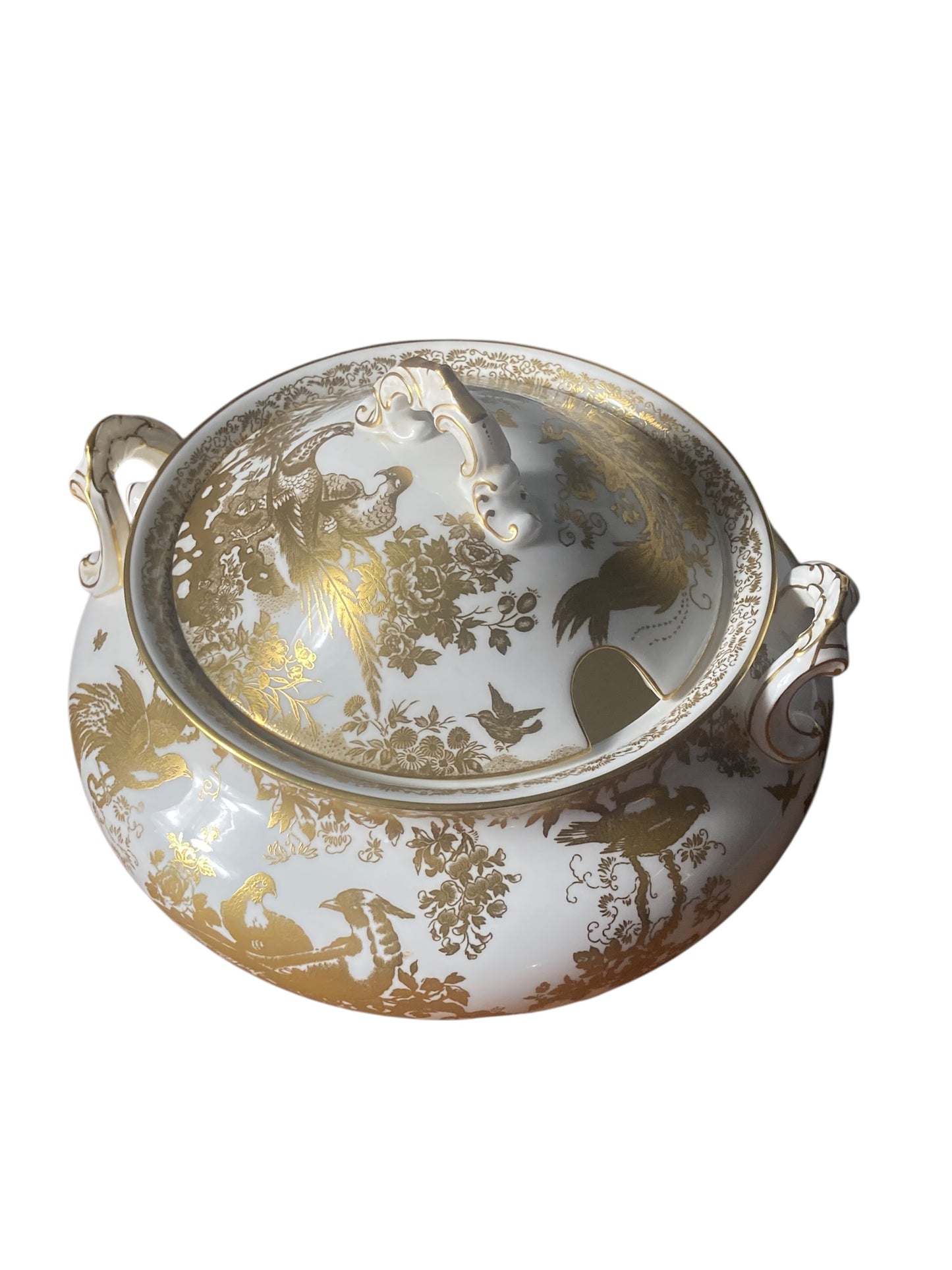 A Royal Crown Derby Aves Gold Soup Tureen and Solid Silver soup Ladle