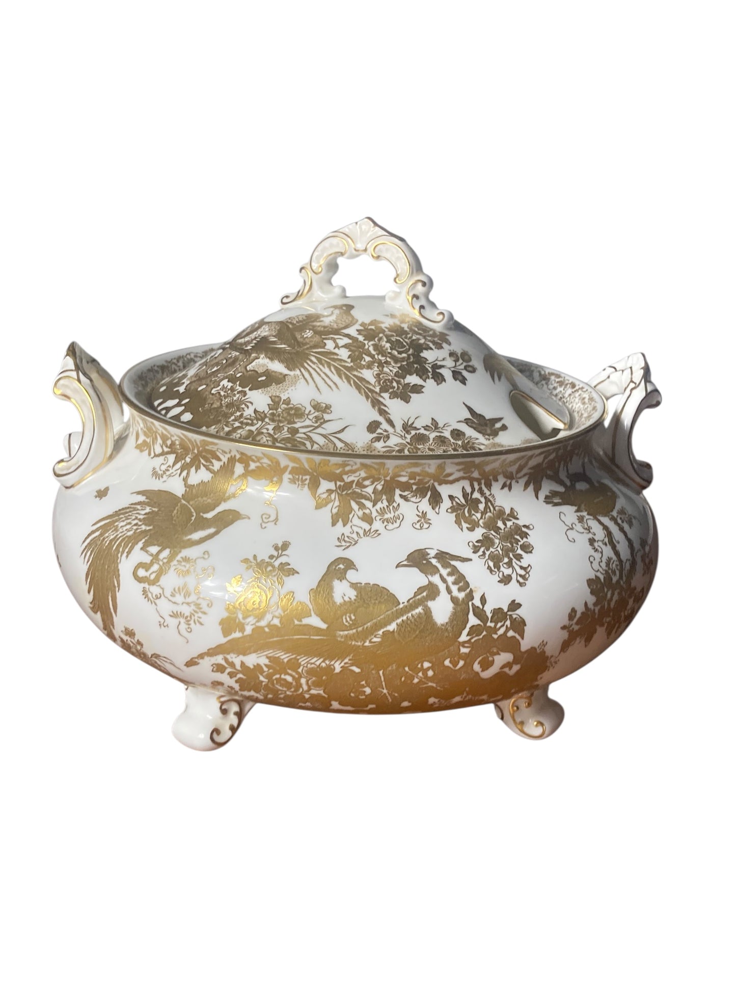 A Royal Crown Derby Aves Gold Soup Tureen and Solid Silver soup Ladle