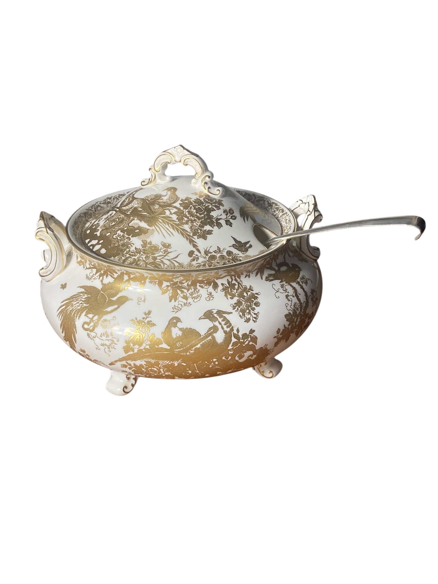 A Royal Crown Derby Aves Gold Soup Tureen and Solid Silver soup Ladle