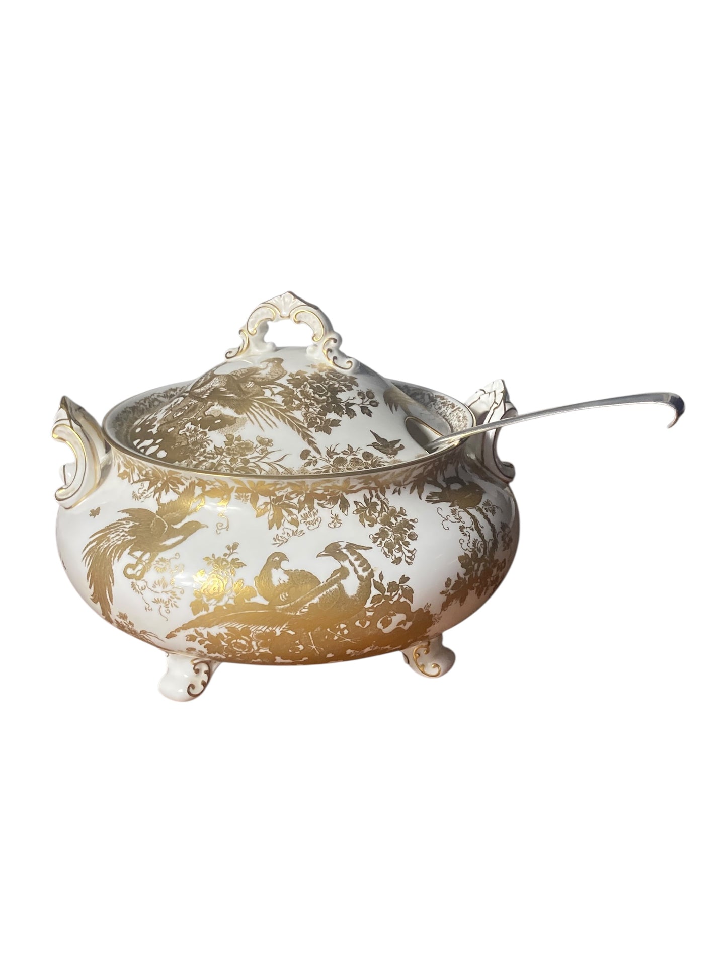 A Royal Crown Derby Aves Gold Soup Tureen and Solid Silver soup Ladle