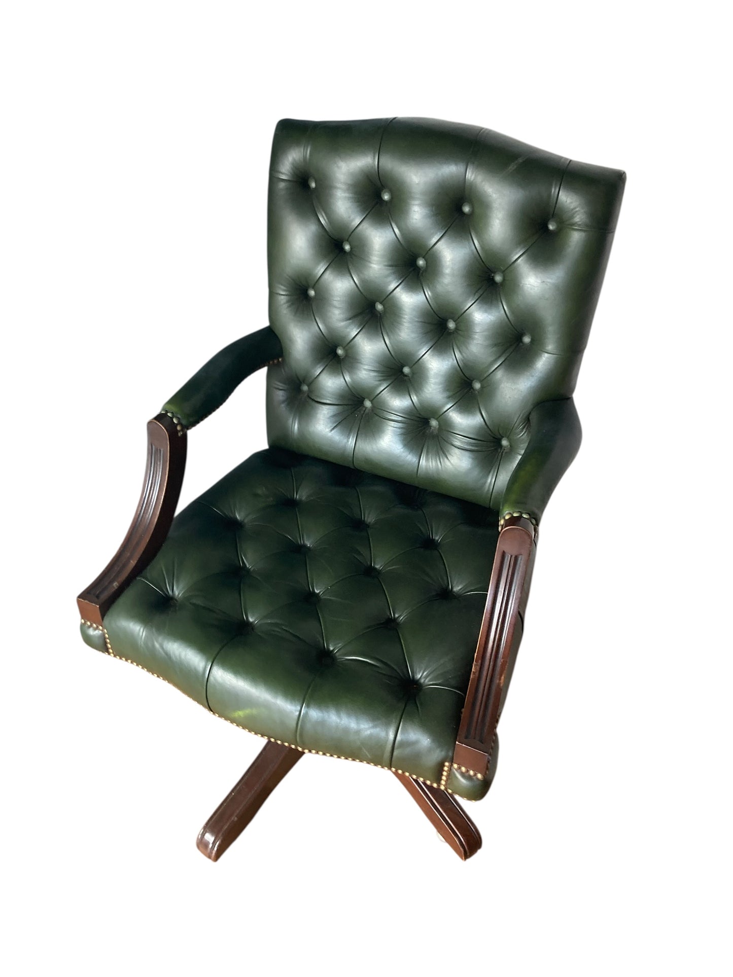 Antique Green Leather Gainsborough Chesterfield style swivel office chair