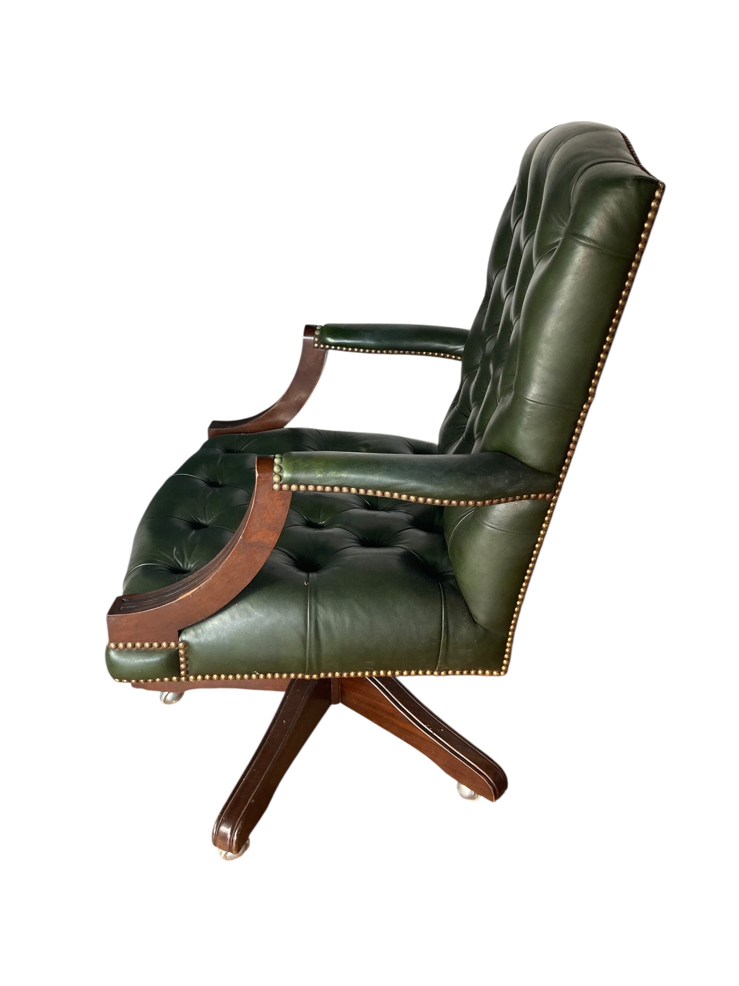 Antique Green Leather Gainsborough Chesterfield style swivel office chair