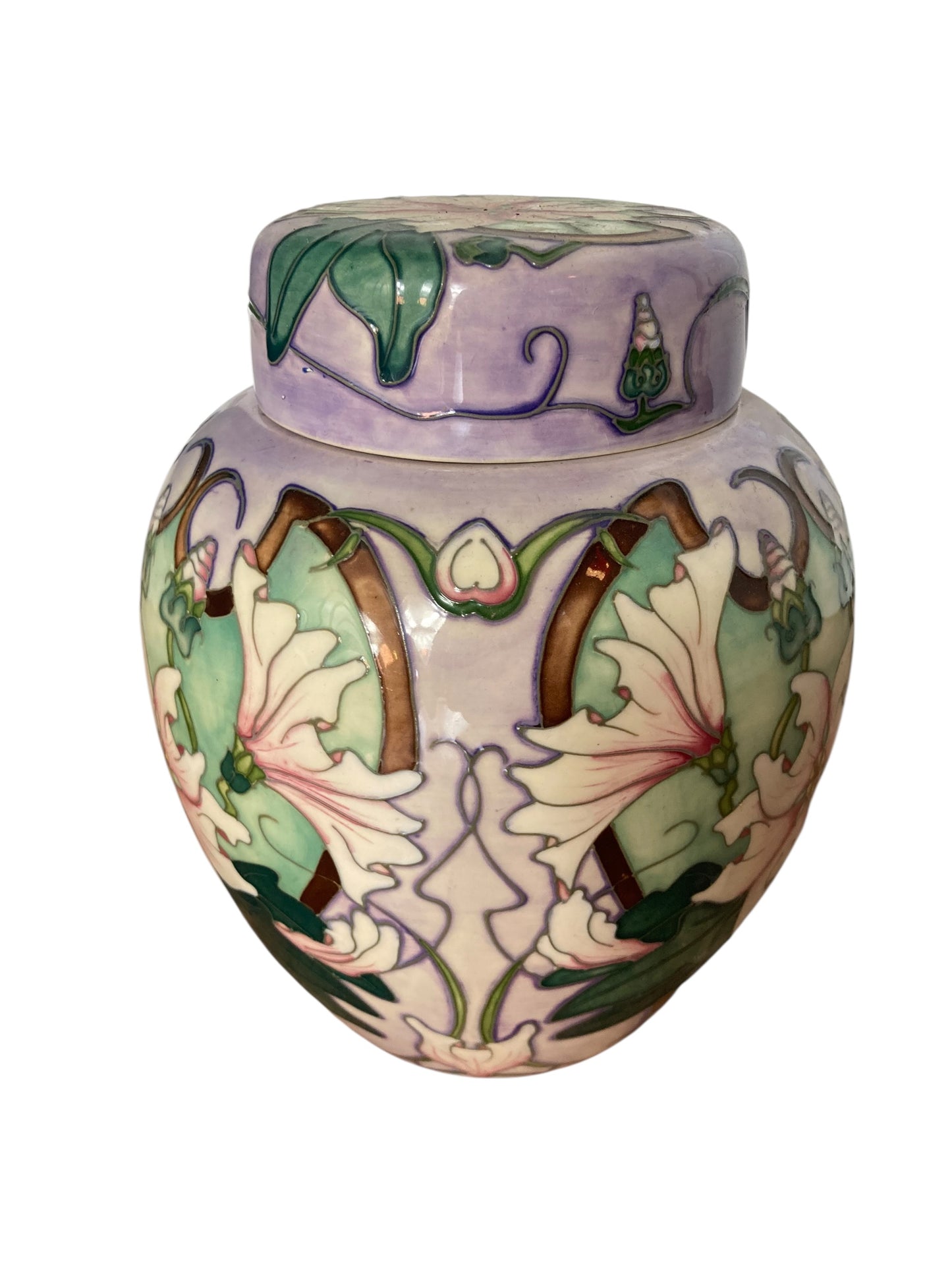 A Moorcroft "Blakeney Mallow" ginger jar, Art Nouveau-style pottery.