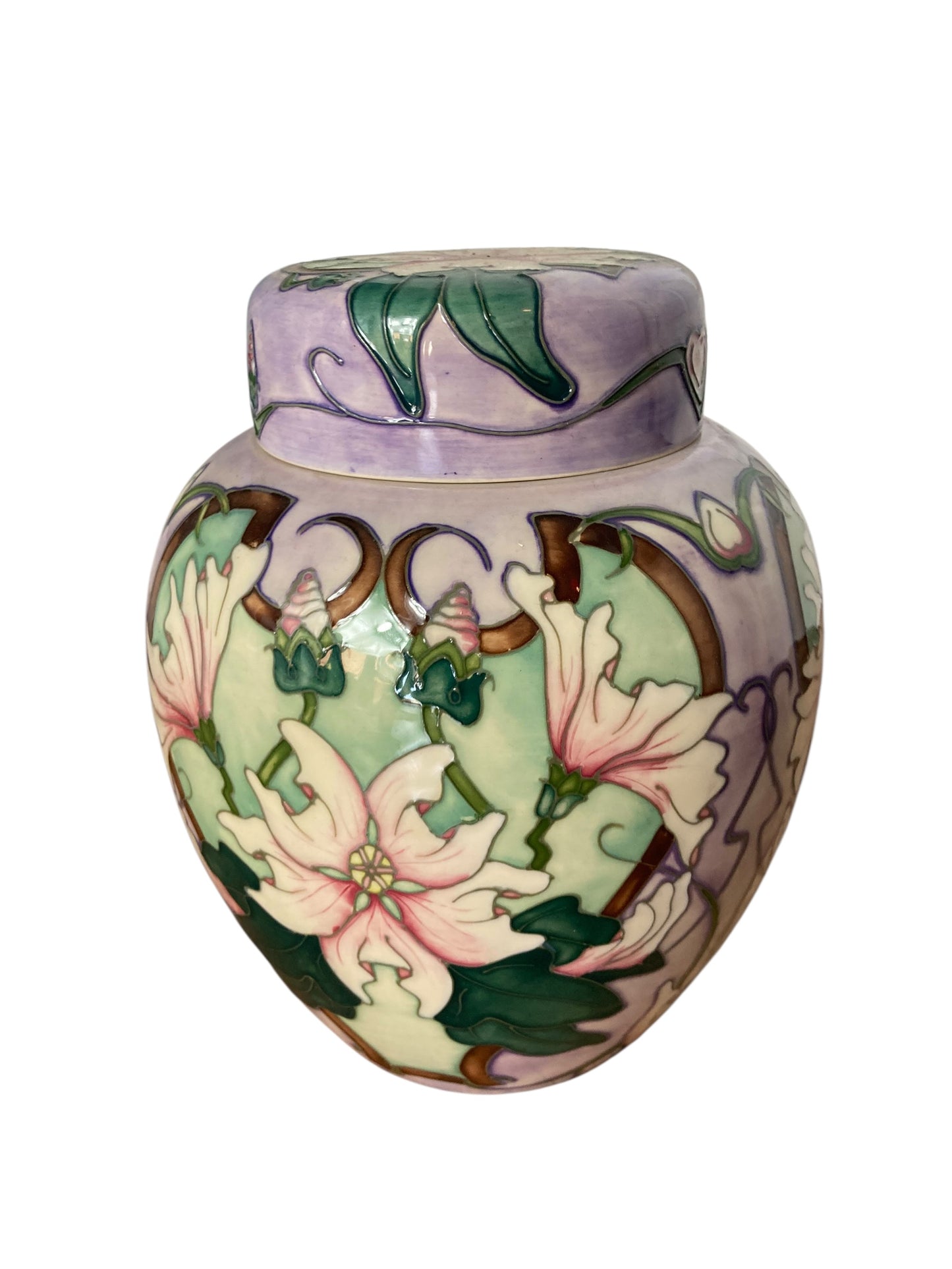 A Moorcroft "Blakeney Mallow" ginger jar, Art Nouveau-style pottery.