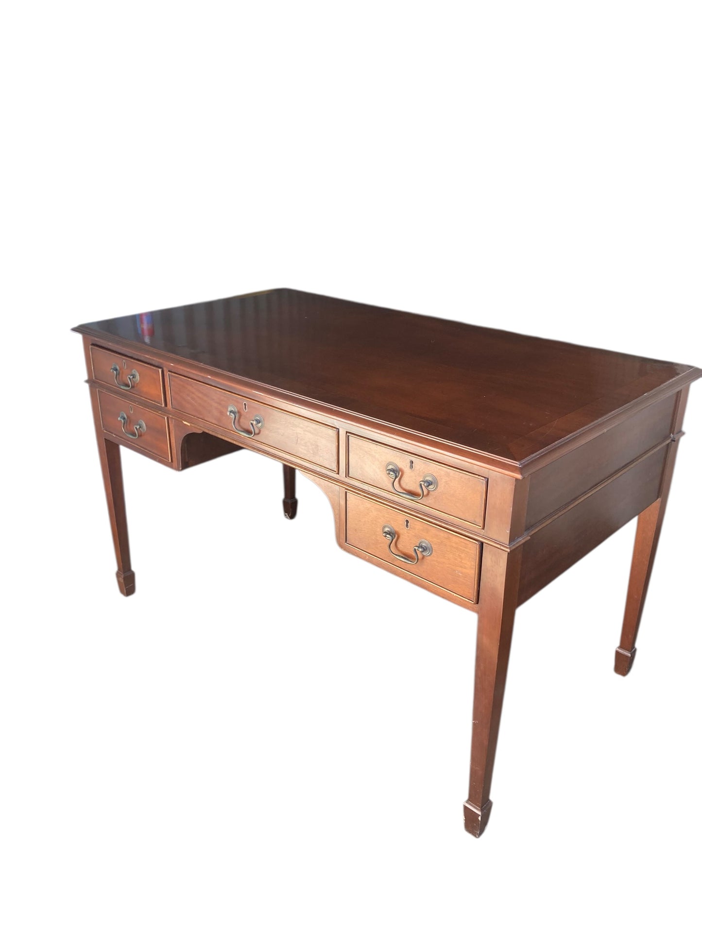 Mahogany Double sided Partners writing desk with one sided blank drawers a classic design  five-drawer arrangement one long central frieze drawer flanked by two smaller drawers on each side providing functional storage