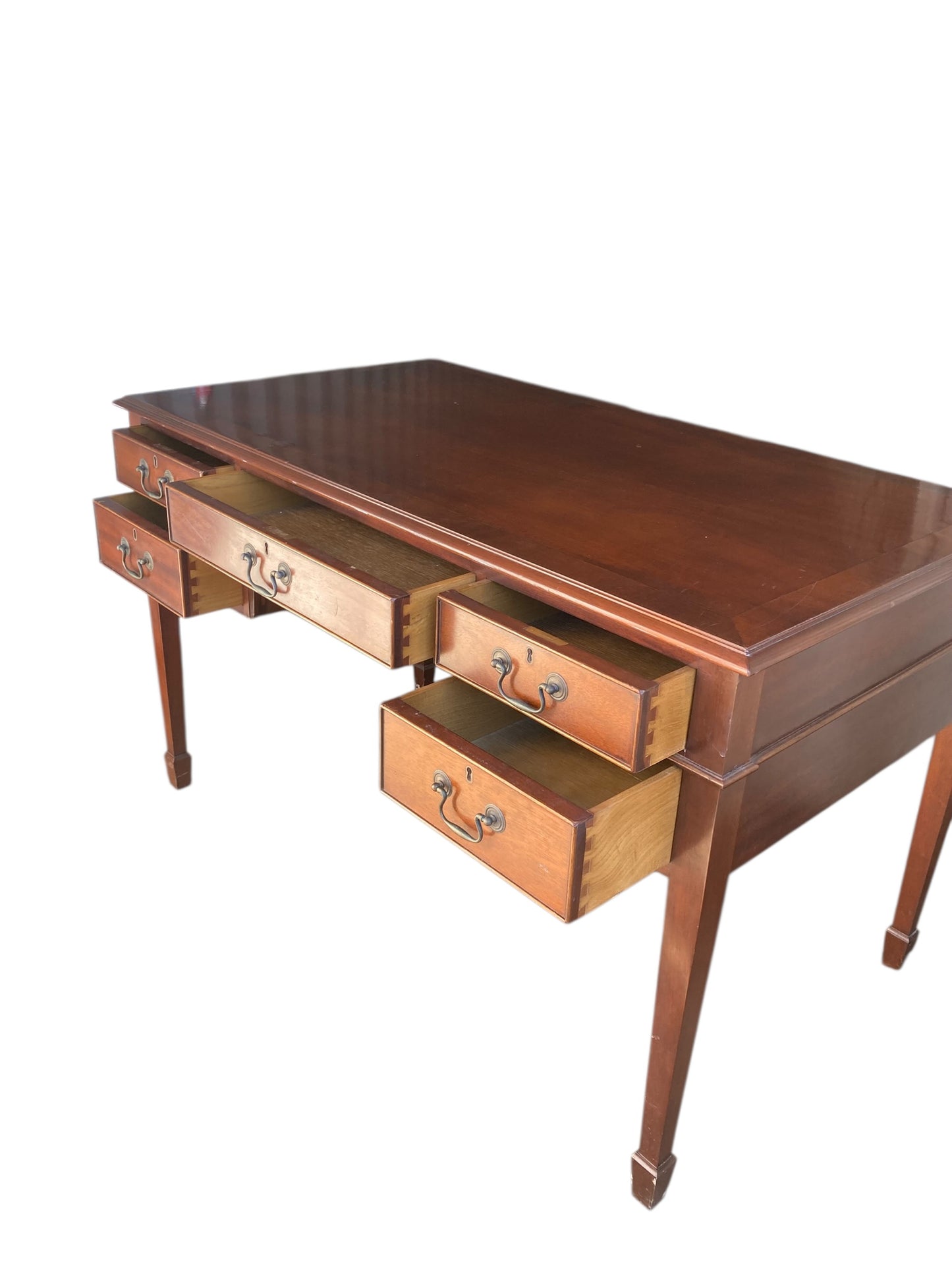 Mahogany Double sided Partners writing desk with one sided blank drawers a classic design  five-drawer arrangement one long central frieze drawer flanked by two smaller drawers on each side providing functional storage