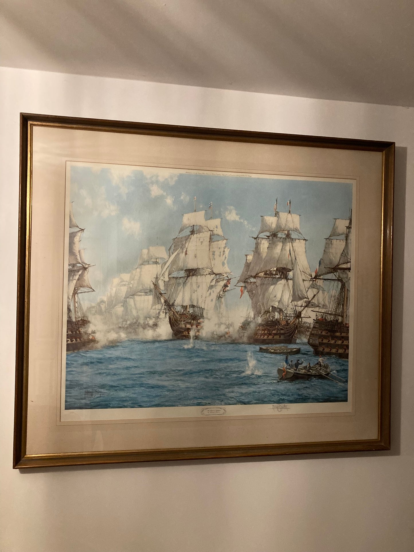 Large Signed Frame Picture Battle of Trafalger by Montague Dawson. Print with Original sigmature