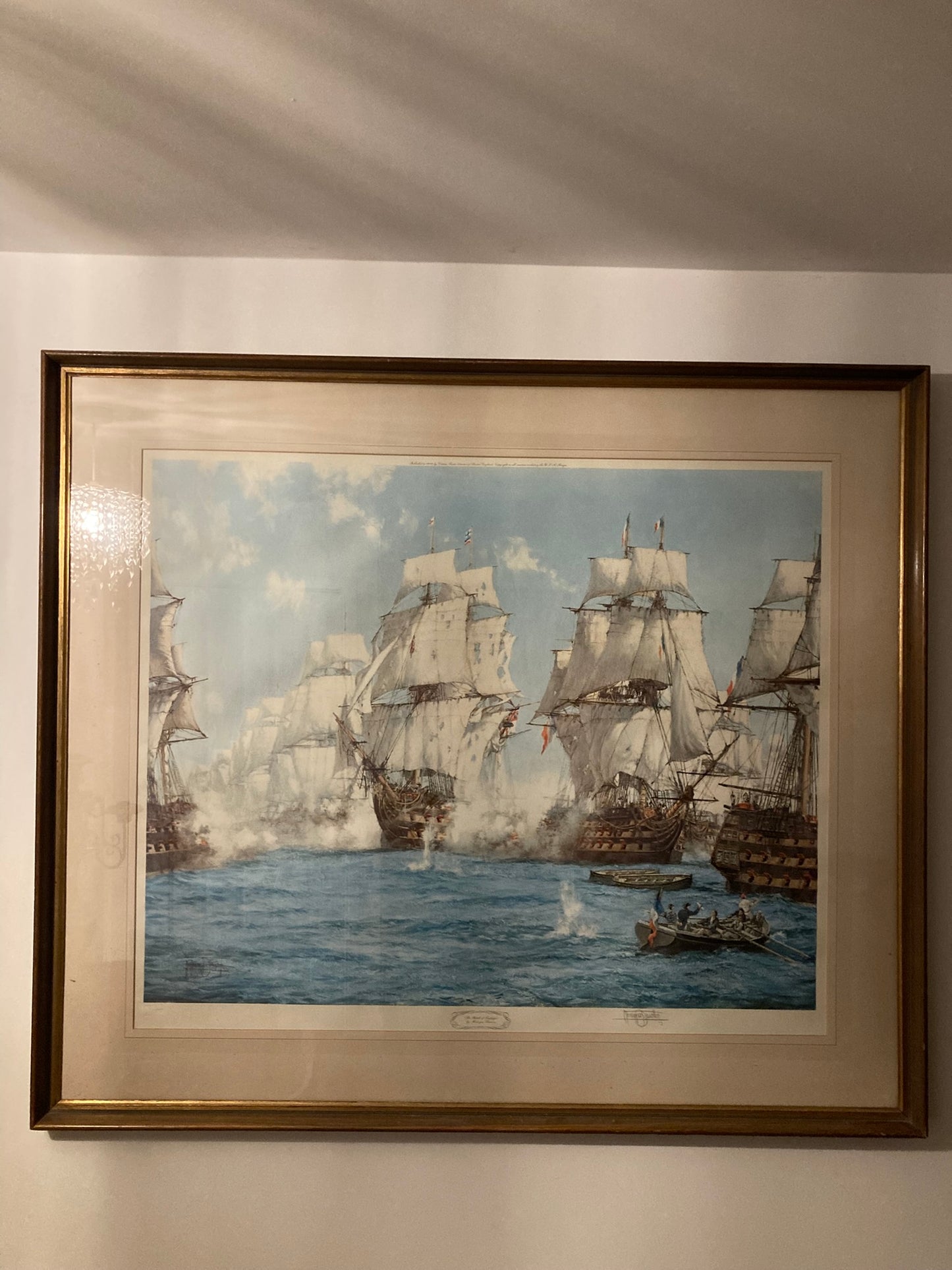 Large Signed Frame Picture Battle of Trafalger by Montague Dawson. Print with Original sigmature