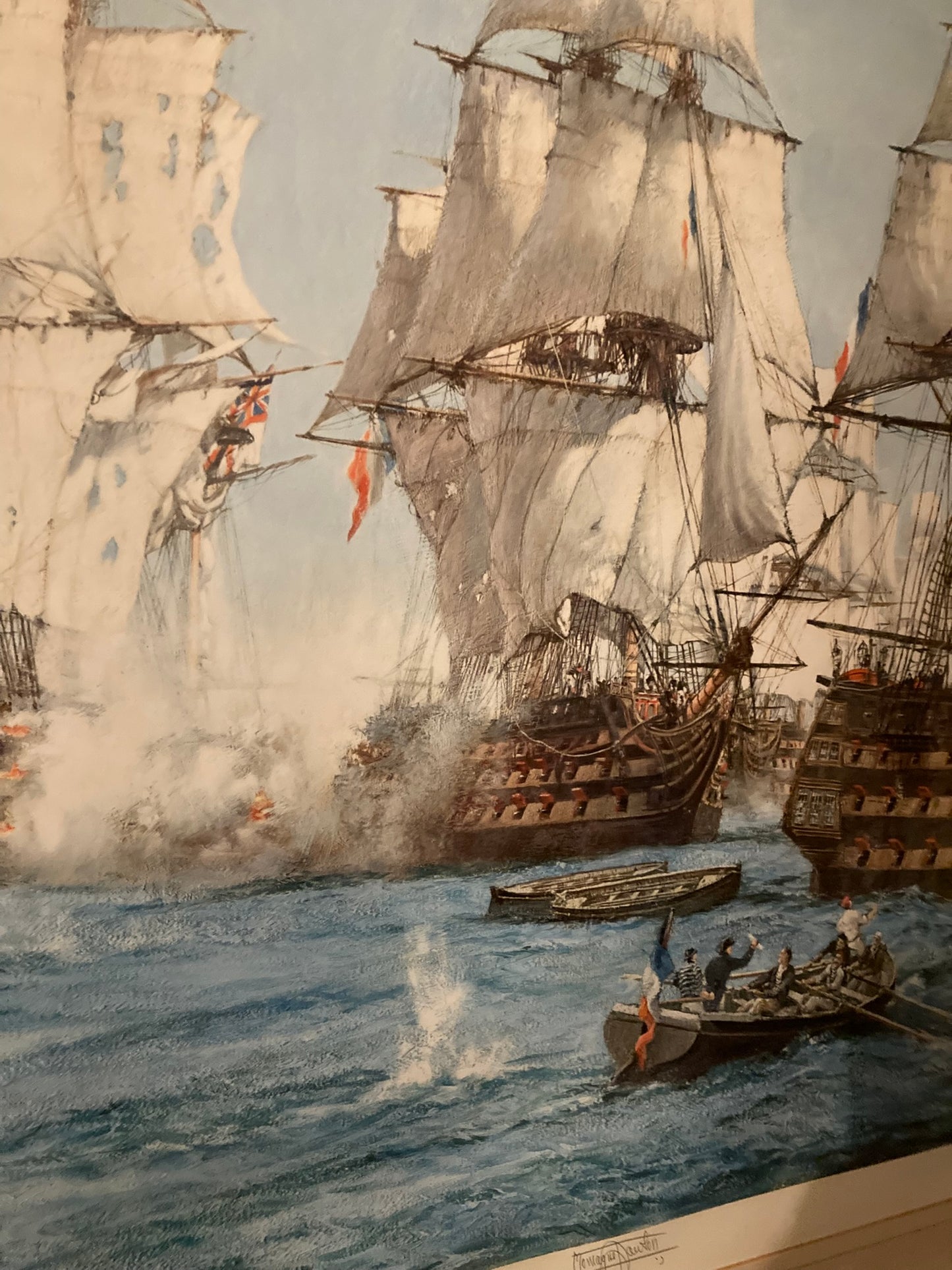 Large Signed Frame Picture Battle of Trafalger by Montague Dawson. Print with Original sigmature