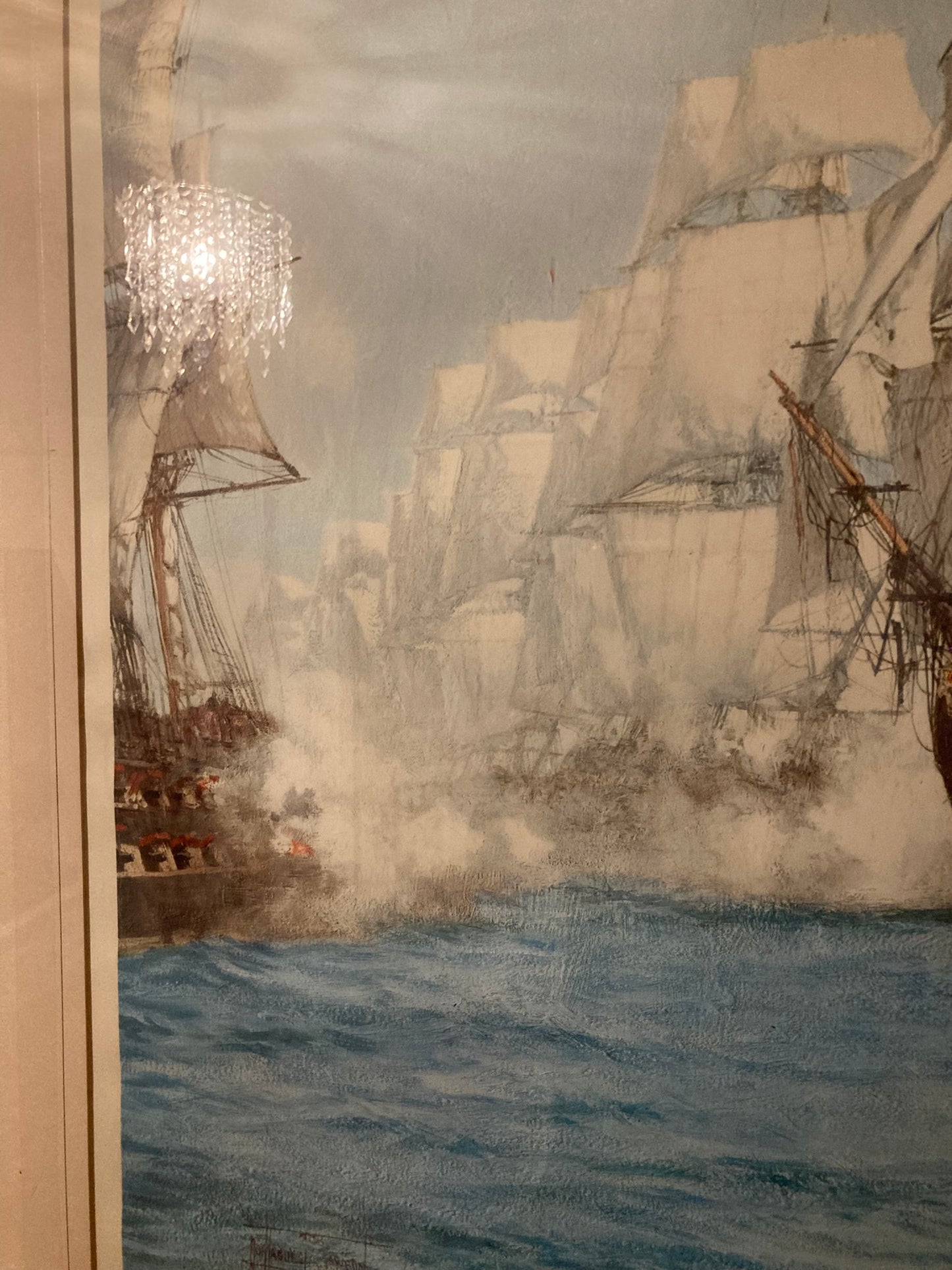 Large Signed Frame Picture Battle of Trafalger by Montague Dawson. Print with Original sigmature