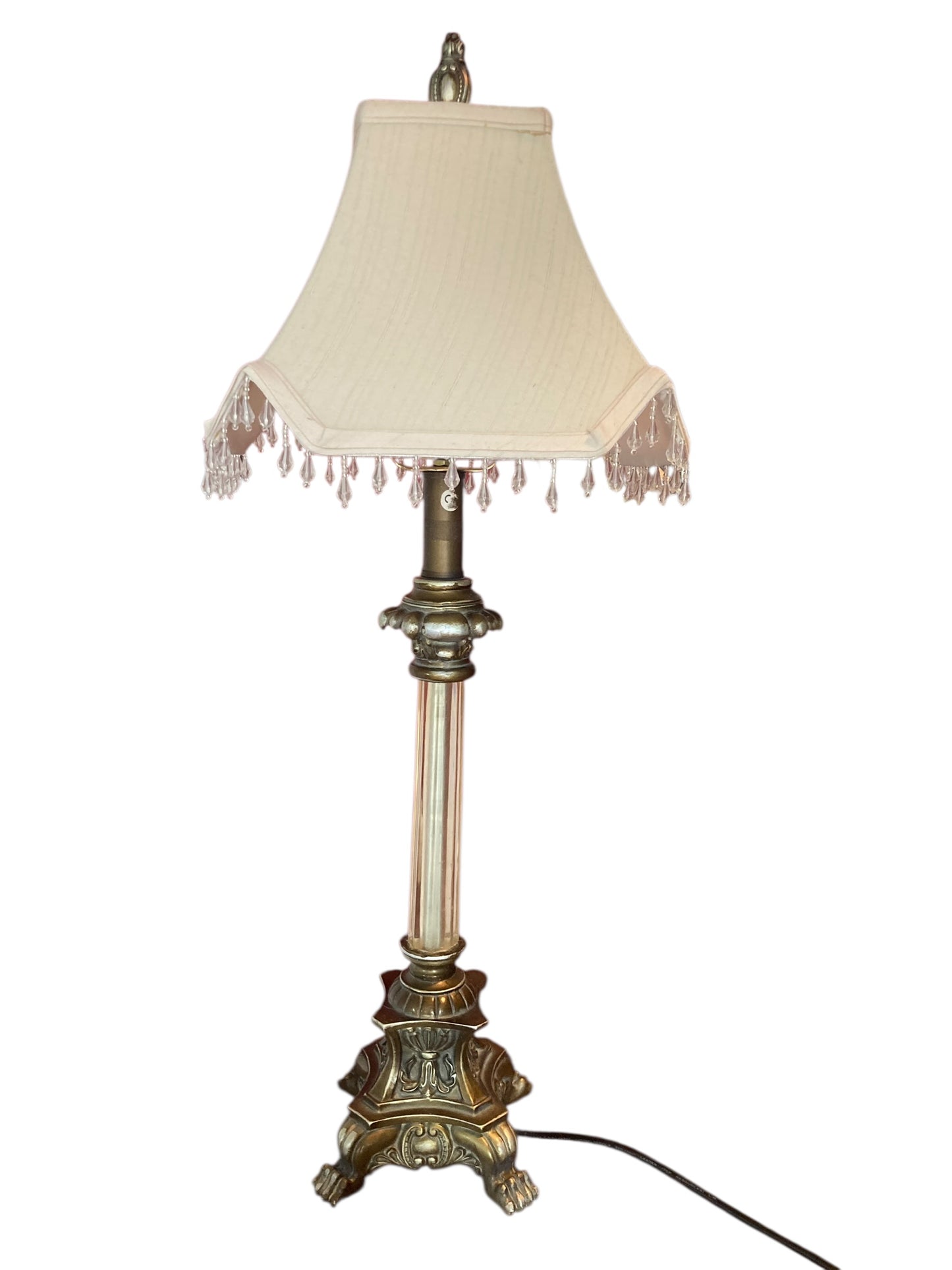 Pair of Regency Style table lamps neoclassical bases Paw Feet cream fabric shades with beaded fringe