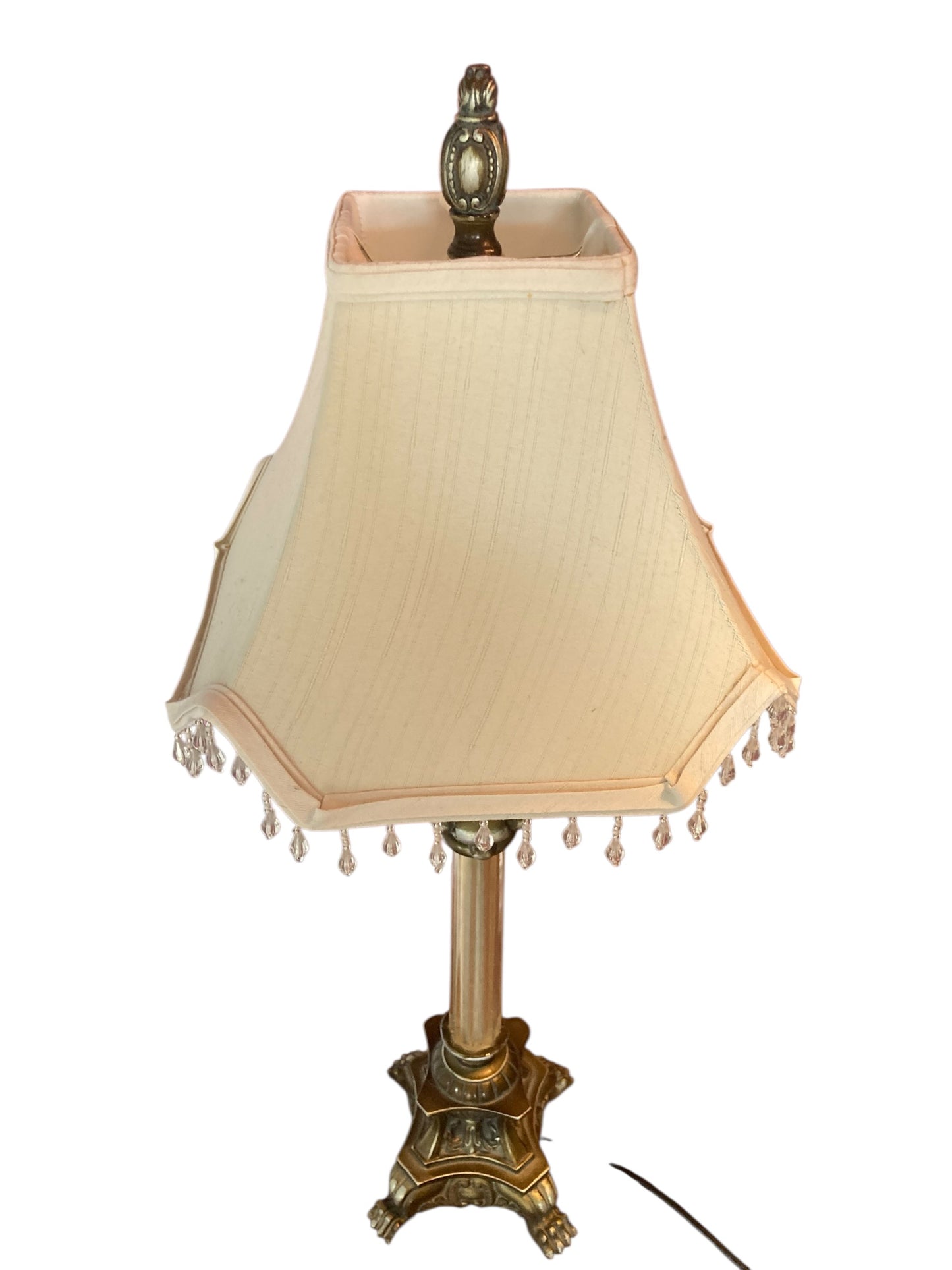 Pair of Regency Style table lamps neoclassical bases Paw Feet cream fabric shades with beaded fringe