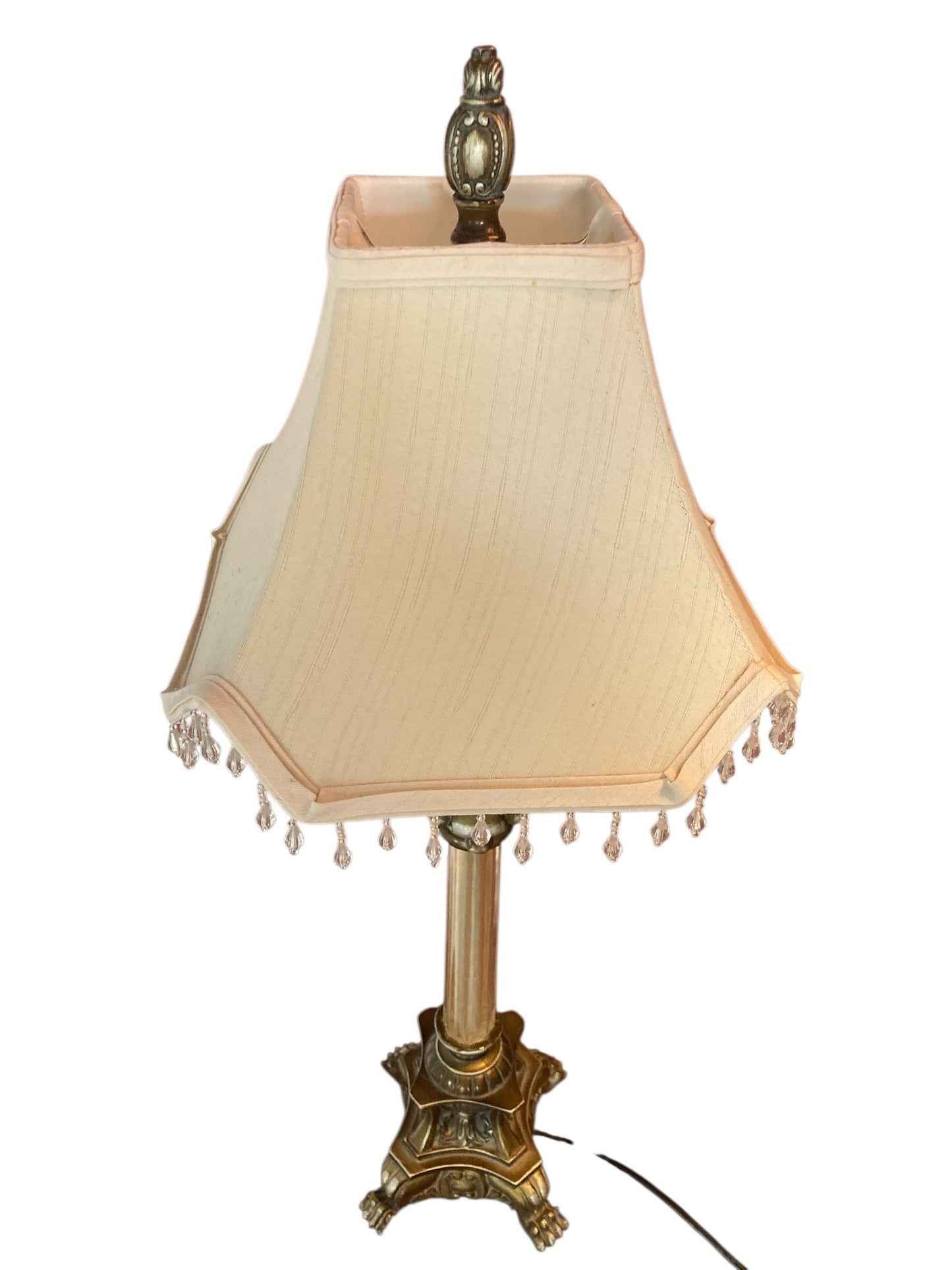 Pair of Regency Style table lamps neoclassical bases Paw Feet cream fabric shades with beaded fringe
