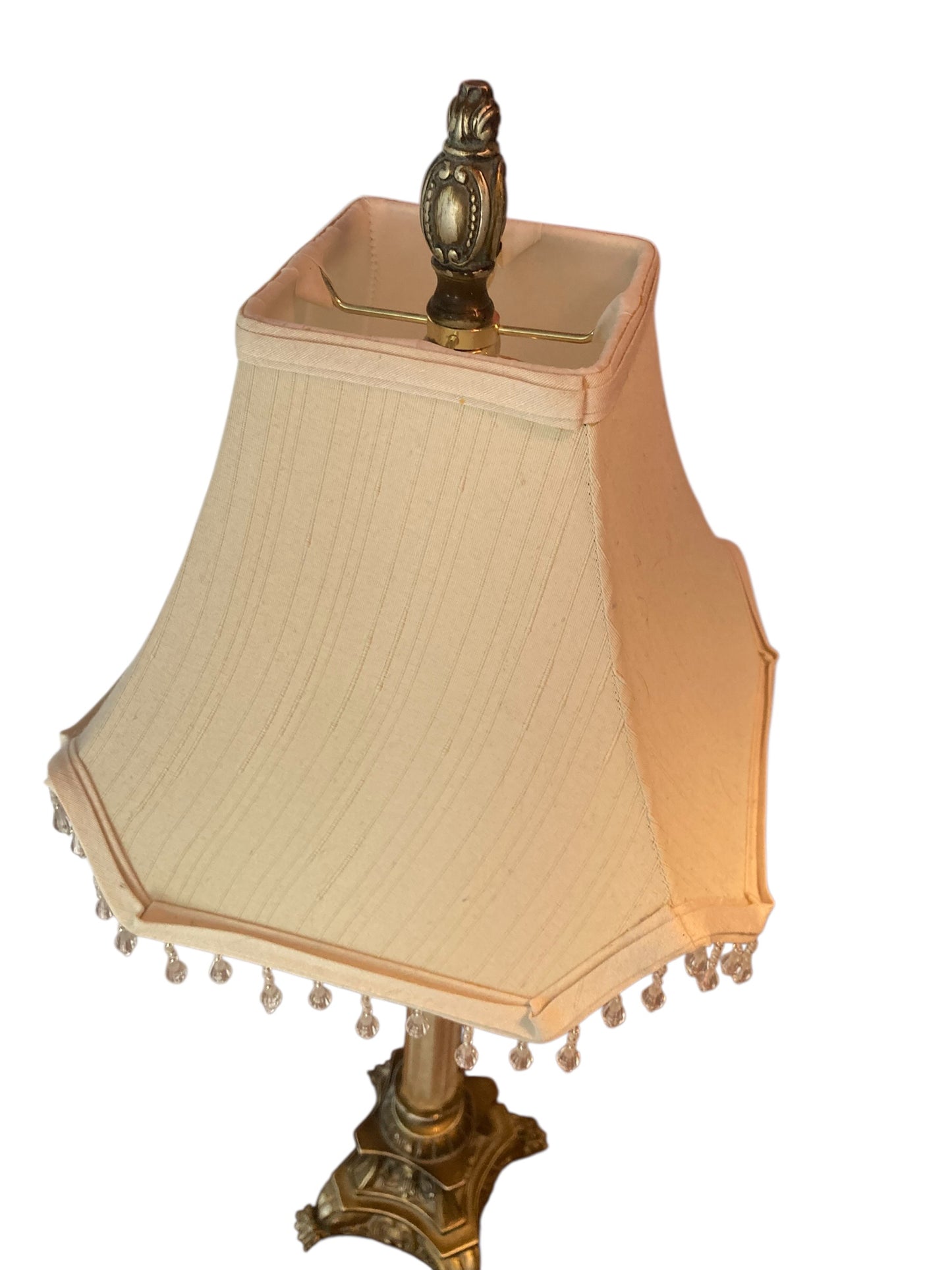 Pair of Regency Style table lamps neoclassical bases Paw Feet cream fabric shades with beaded fringe