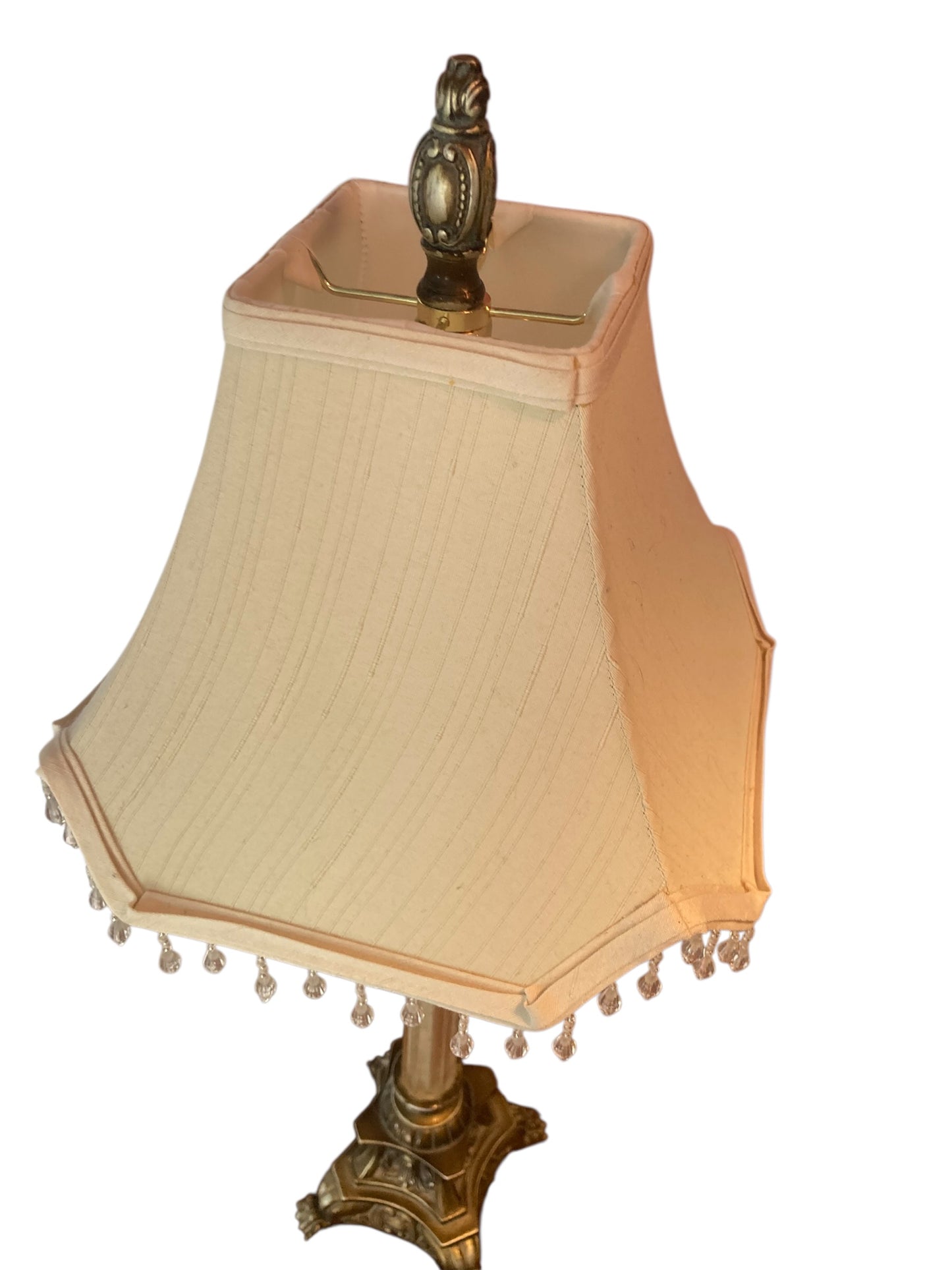 Pair of Regency Style table lamps neoclassical bases Paw Feet cream fabric shades with beaded fringe