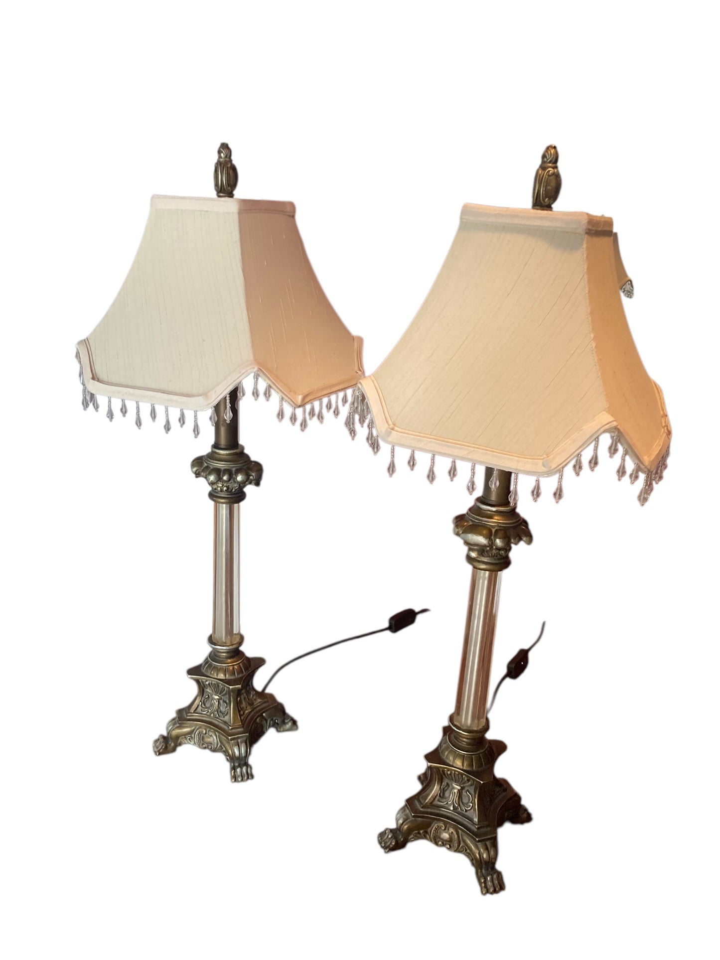 Pair of Regency Style table lamps neoclassical bases Paw Feet cream fabric shades with beaded fringe